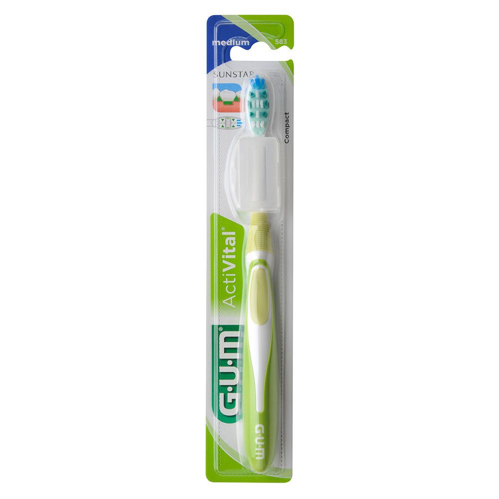 G.U.M Activital medium tandenborstel, verpakt. Groen-wit handvat, blauwe borstelkop met beschermkap. Sunstar-logo.