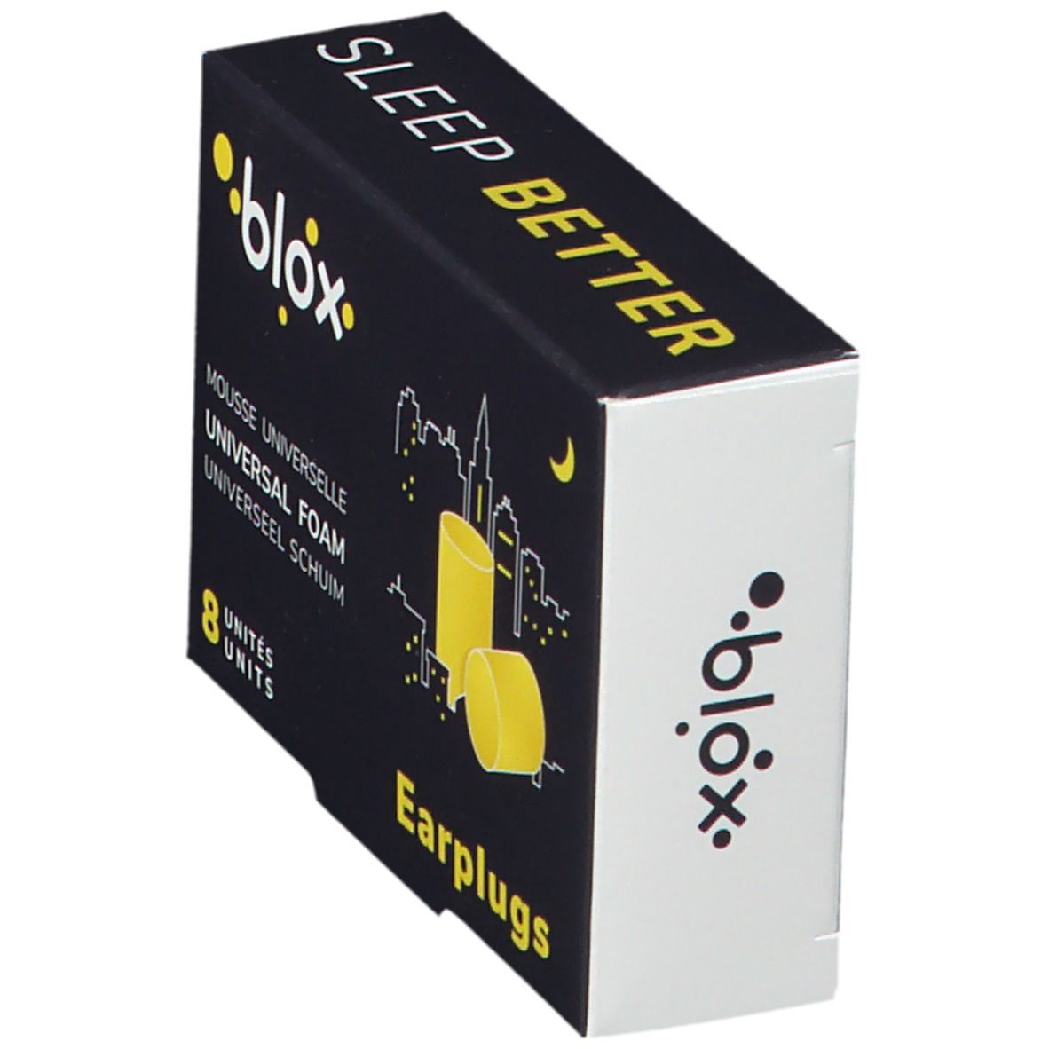 Schachtel mit gelben Ohrstöpseln. Aufschrift: blox, Sleep Better, 8 Einheiten, Universal Foam, Earplugs.