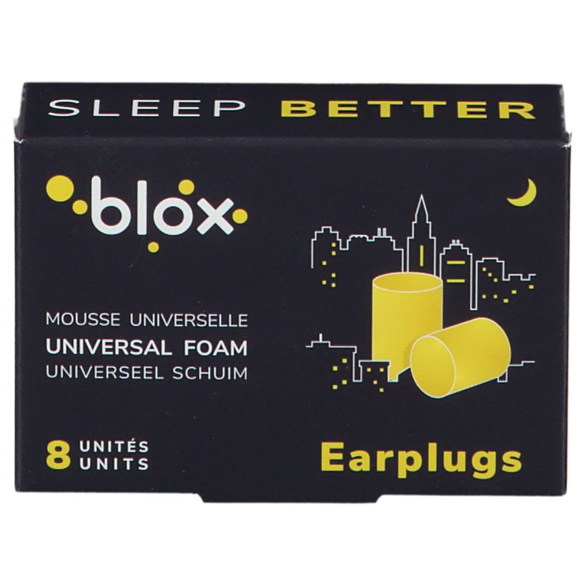 Schachtel mit gelben Ohrstöpseln. Aufschrift: blox, Sleep Better, 8 Einheiten, Universal Foam, Earplugs.