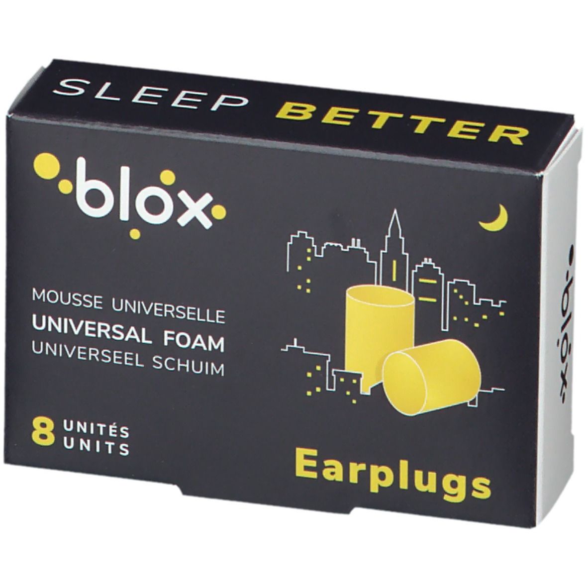 Schachtel mit gelben Ohrstöpseln. Aufschrift: blox, Sleep Better, 8 Einheiten, Universal Foam, Earplugs.
