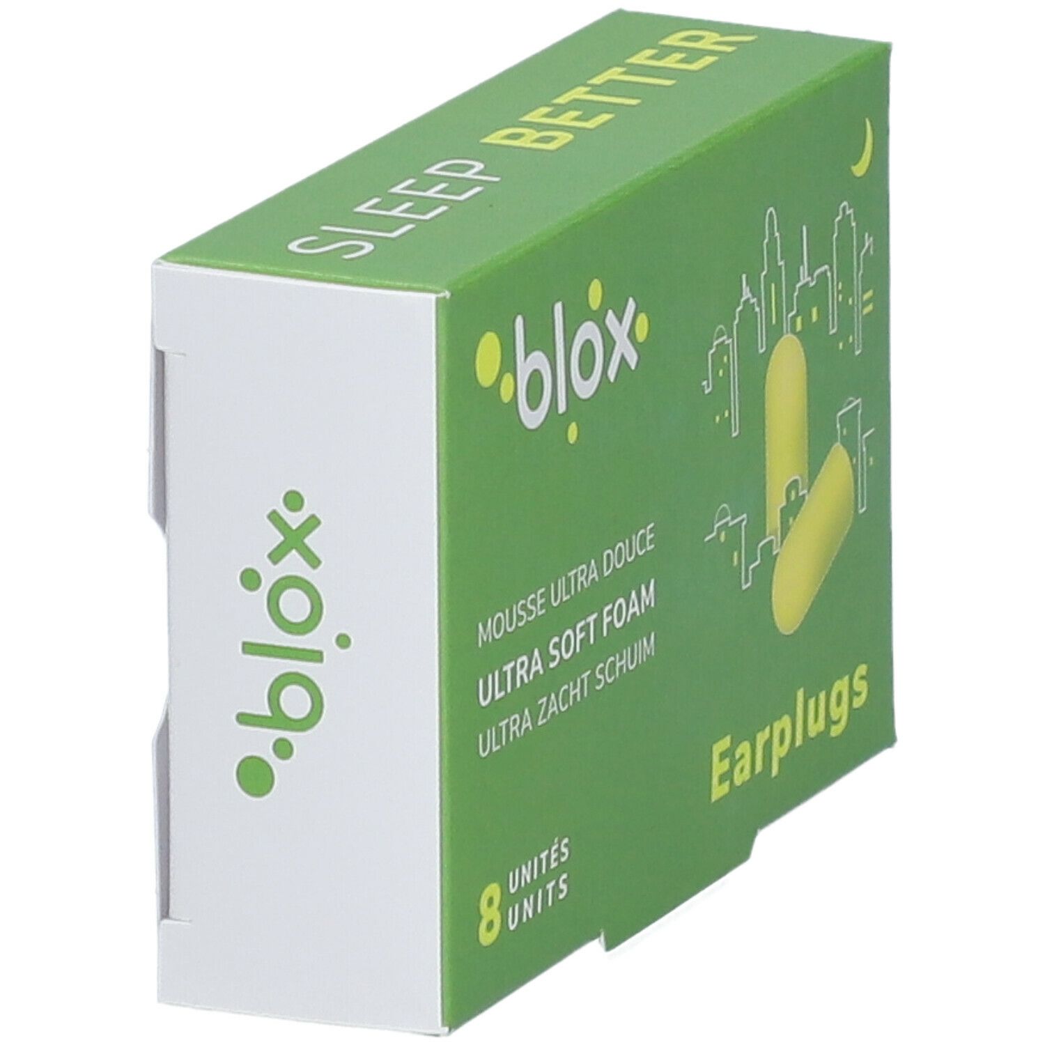 Boîte verte inclinée avec bouchons d'oreille jaunes. Texte : blox, Sleep Better, 8 unités, Earplugs.