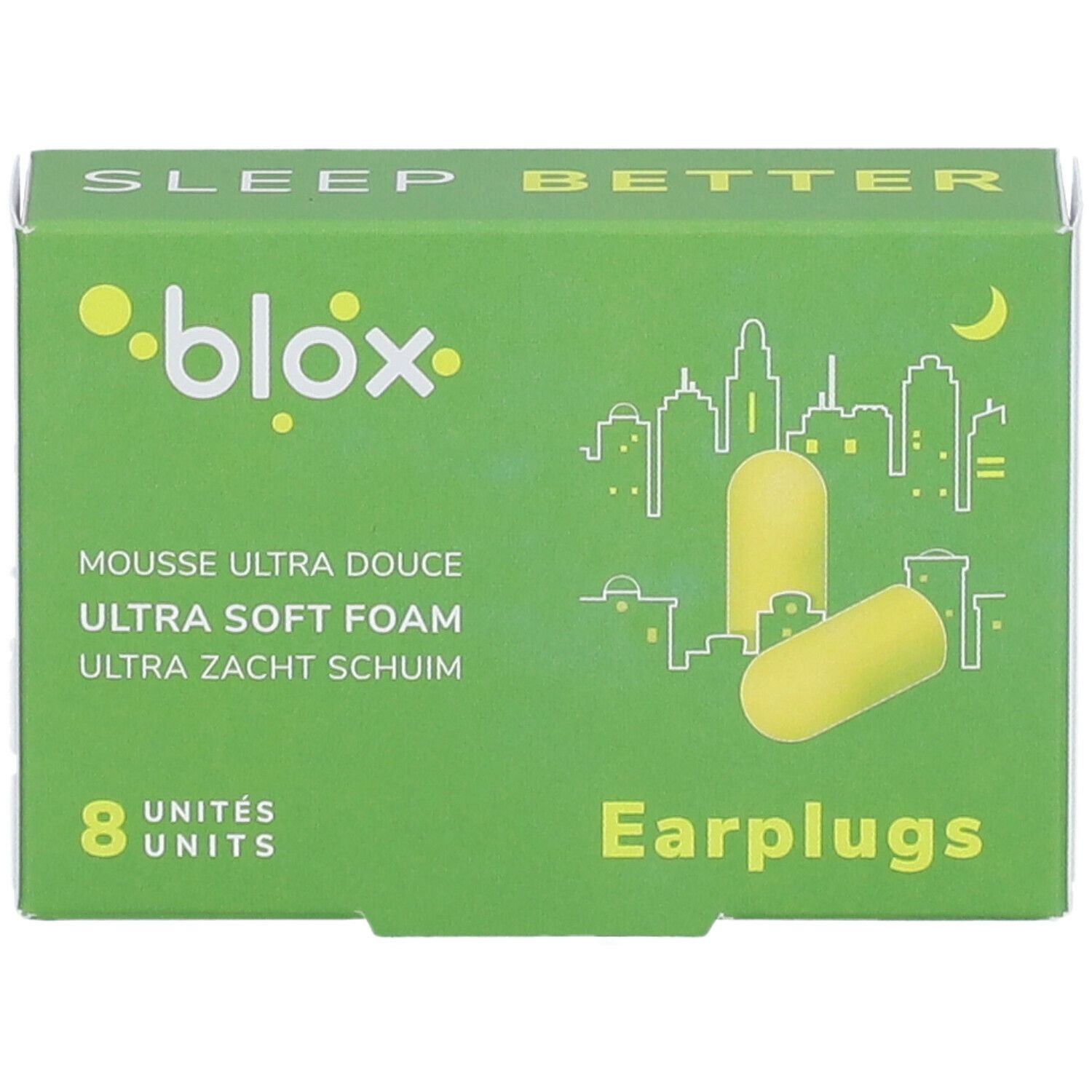 Boîte verte avec bouchons d'oreille jaunes. Texte : blox, Sleep Better, 8 unités, Ultra Soft Foam, Earplugs.