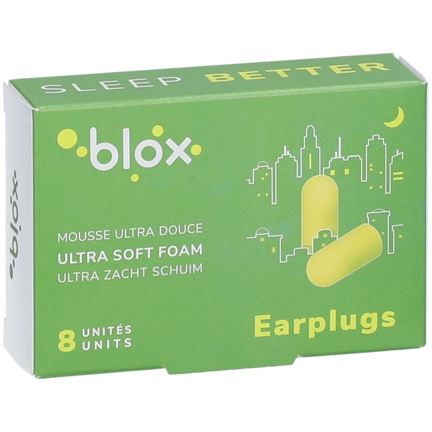 Boîte verte avec bouchons d'oreille jaunes. Texte : blox, Sleep Better, 8 unités, Ultra Soft Foam, Earplugs.