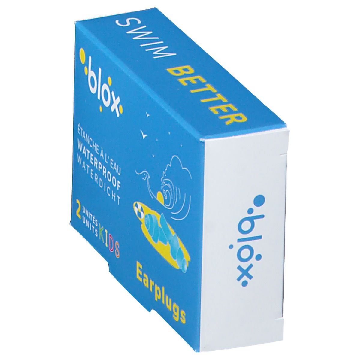 Boîte bleue et jaune inclinée avec bouchons d'oreille. Inscription : blox, SWIM BETTER, 2 UNITES KIDS, Earplugs. Illustration : vagues et bouchons.