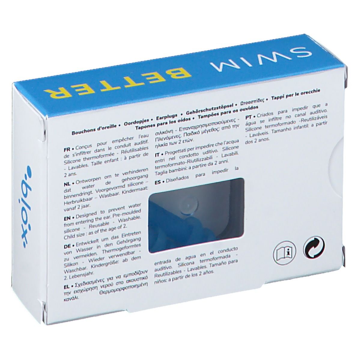 Dos de la boîte bleu et jaune avec texte. Inscription : blox, SWIM BETTER, Earplugs. Texte multilingue. Fenêtre avec bouchons bleus.