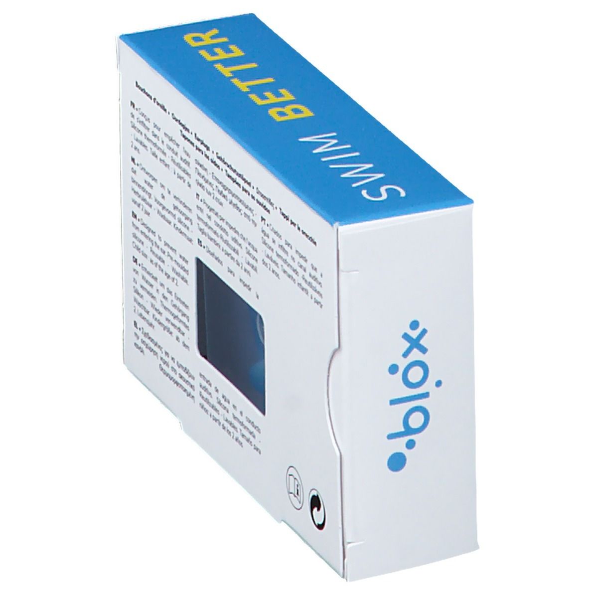 Dos incliné de la boîte bleu et jaune. Inscription : blox, SWIM BETTER, Earplugs. Texte multilingue. Fenêtre avec bouchons bleus.