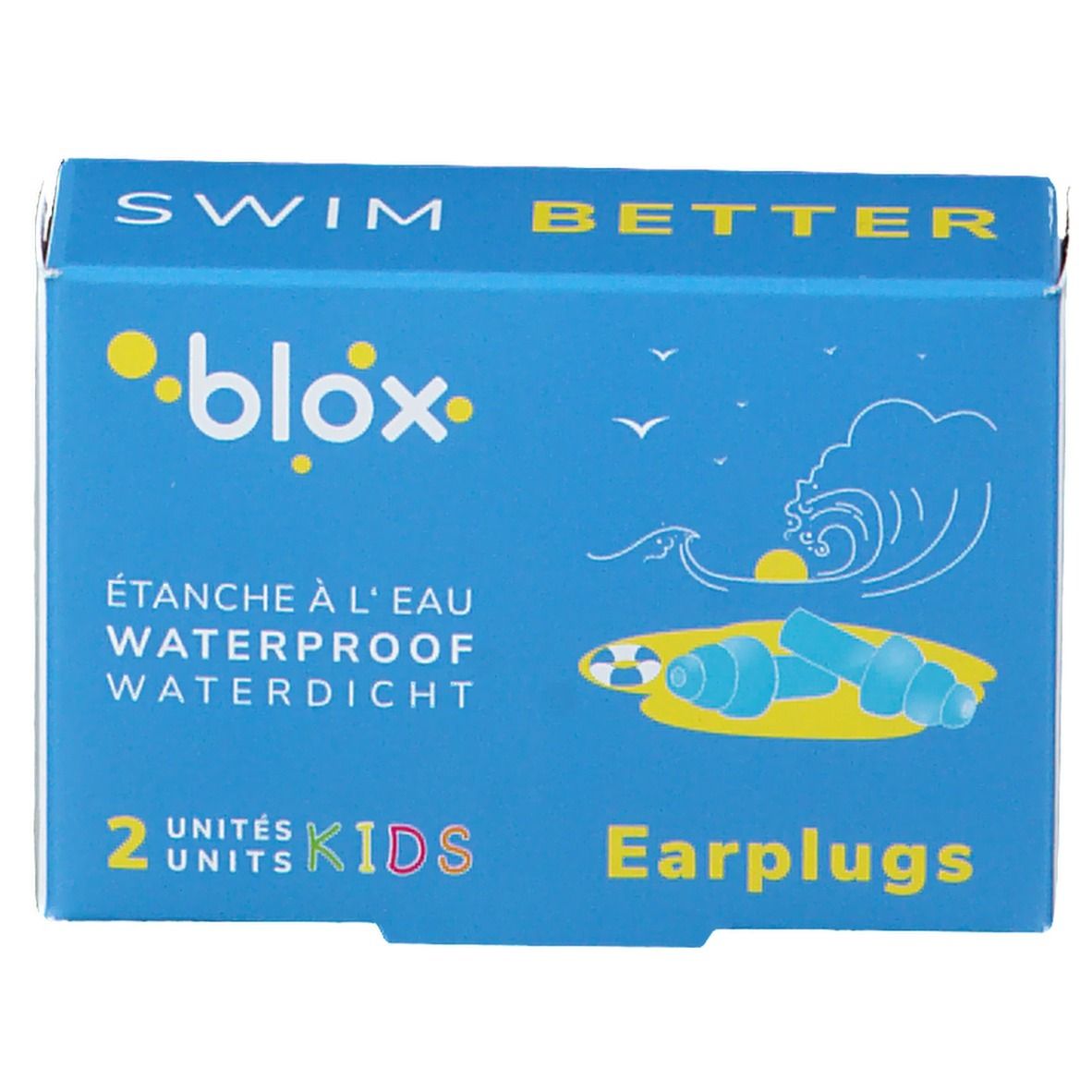 Verpackung für Blox Kinder-Ohrstöpsel, blau mit Wellen- und Sonnenmotiv.