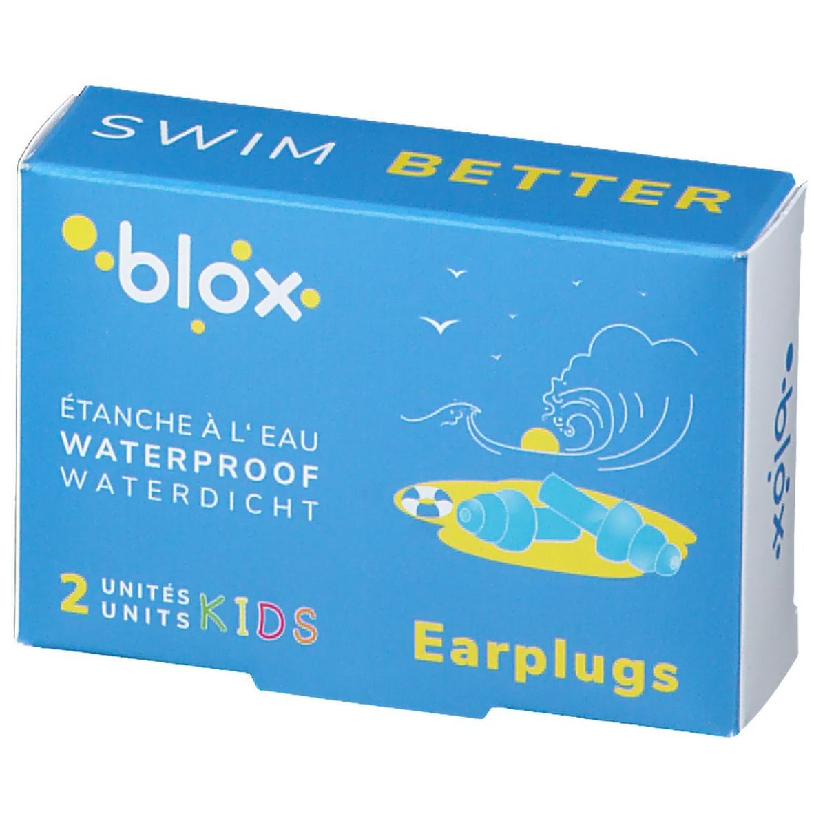 Boîte bleue et jaune avec bouchons d'oreille. Inscription : blox, SWIM BETTER, 2 UNITES KIDS, Earplugs. Illustration : vagues et bouchons.