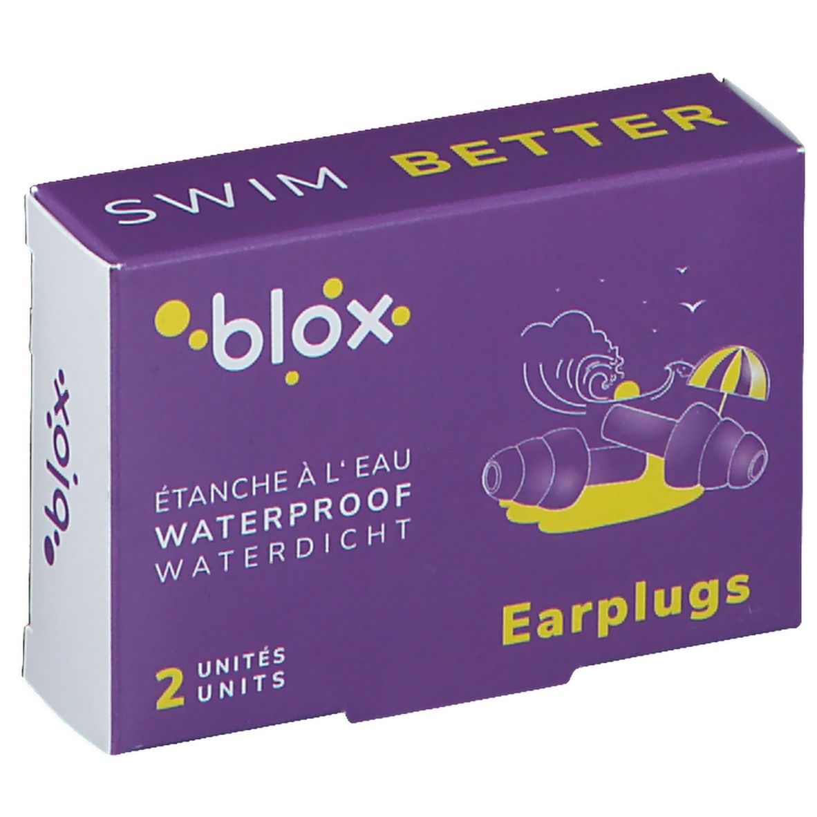 Boîte violette avec logo et texte jaunes. Contient des bouchons d'oreille. Inscription : SWIM BETTER, WATERPROOF, 2 UNITS, Earplugs.