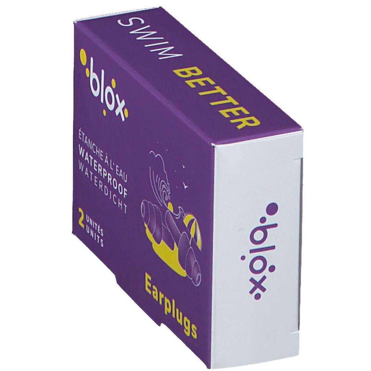 Boîte violette en biais avec logo et texte jaunes. Contient des bouchons d'oreille. Inscription : SWIM BETTER, WATERPROOF, 2 UNITS, Earplugs.