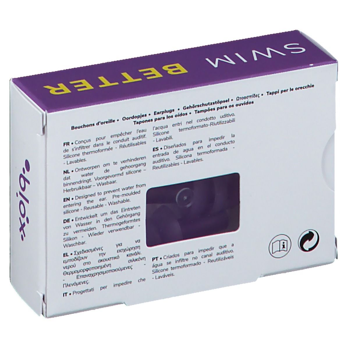 Dos de la boîte violette avec texte multilingue. Contient des bouchons d'oreille. Inscription : SWIM BETTER, blox, Earplugs.