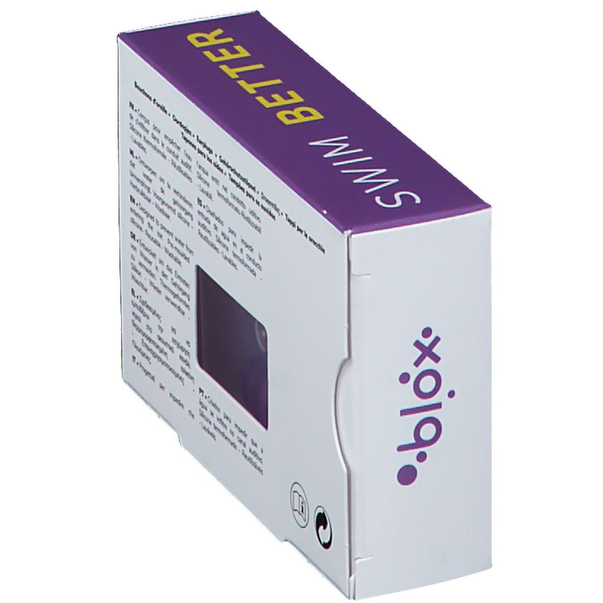 Boîte violette en biais avec texte. Contient des bouchons d'oreille. Inscription : SWIM BETTER, blox, Earplugs.