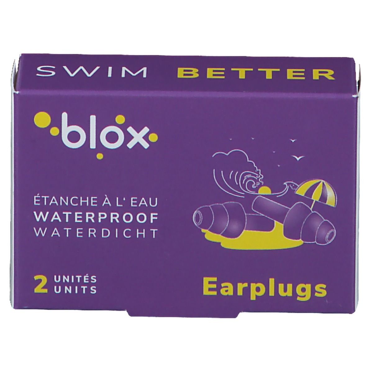 Boîte violette avec logo et texte jaunes. Contient des bouchons d'oreille. Inscription : SWIM BETTER, WATERPROOF, 2 UNITS, Earplugs.
