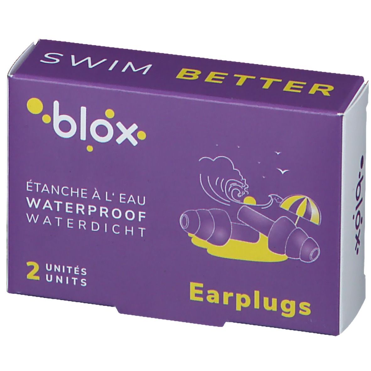Boîte violette avec logo et texte jaunes. Contient des bouchons d'oreille. Inscription : SWIM BETTER, WATERPROOF, 2 UNITS, Earplugs.