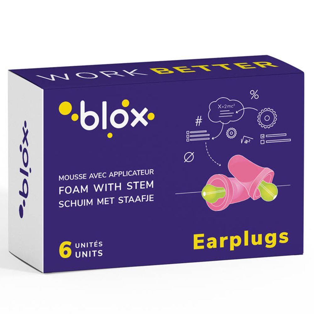 Verpakking met oordopjes. Opschrift: blox, 6 stuks, Earplugs. Roze oordopjes met groene inzet.