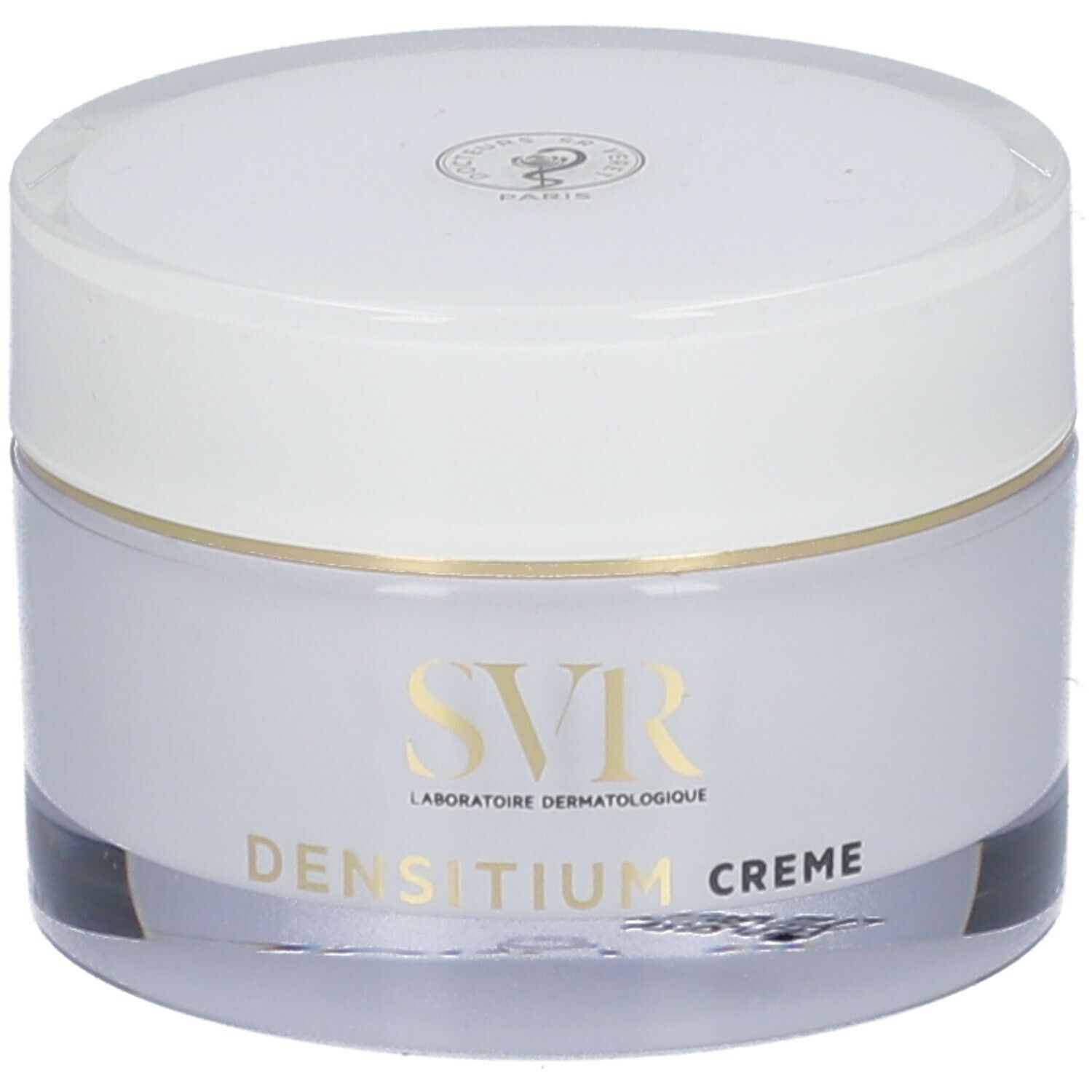 Pot de crème avec couvercle blanc. Inscription SVR, DENSITIUM CREME. Écriture et bordure dorées.