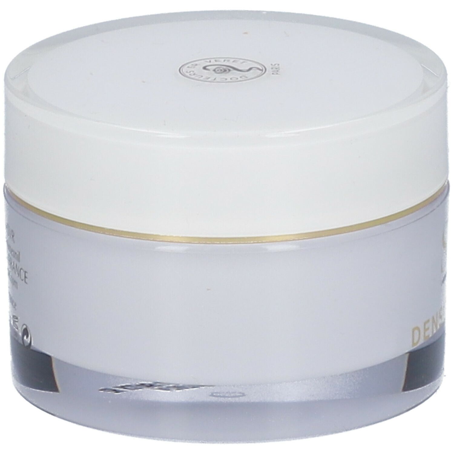 Pot de crème avec couvercle blanc. Inscription SVR, DENSITIUM CREME. Écriture et bordure dorées.