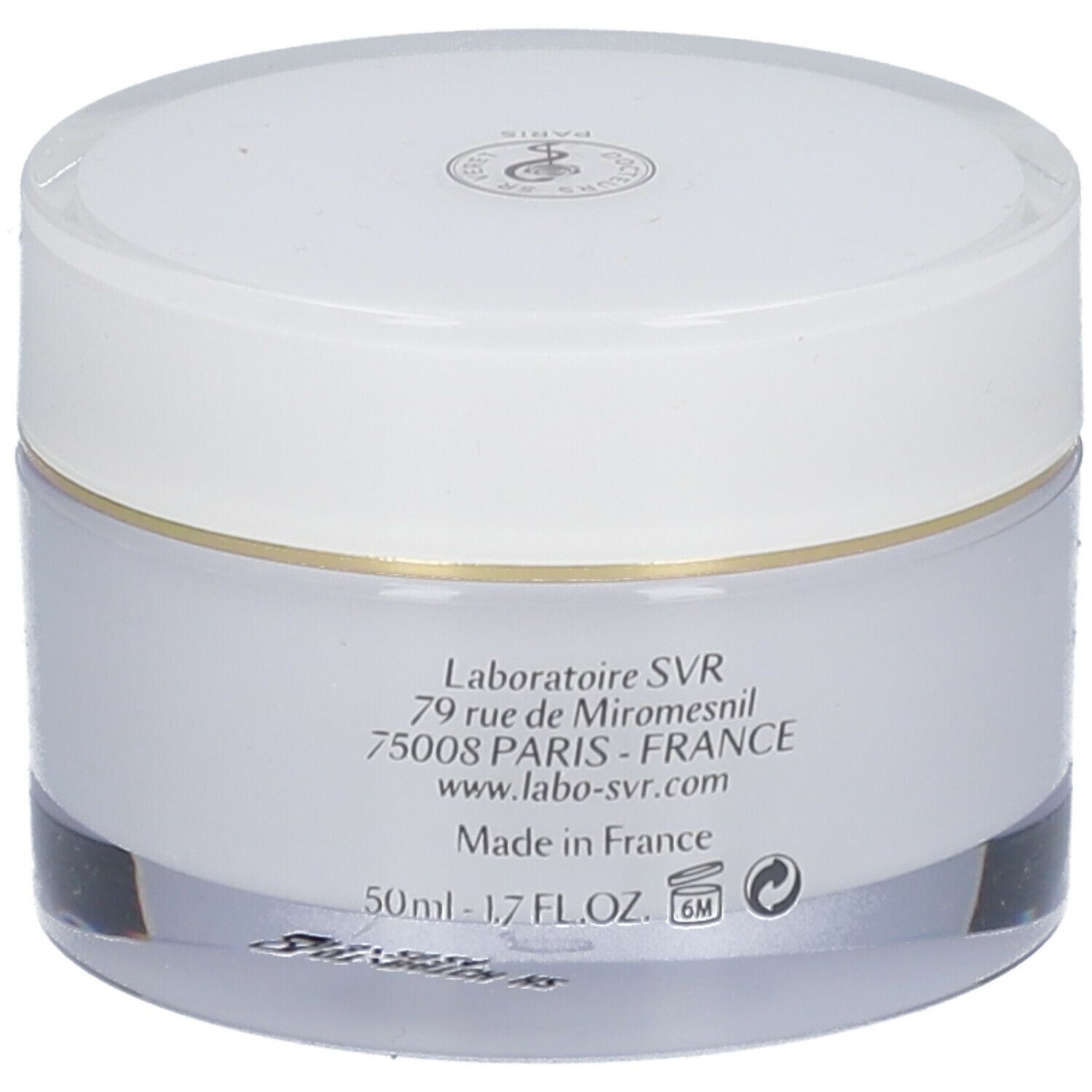 Pot de crème avec couvercle blanc. Inscription SVR, DENSITIUM CREME. Écriture et bordure dorées.