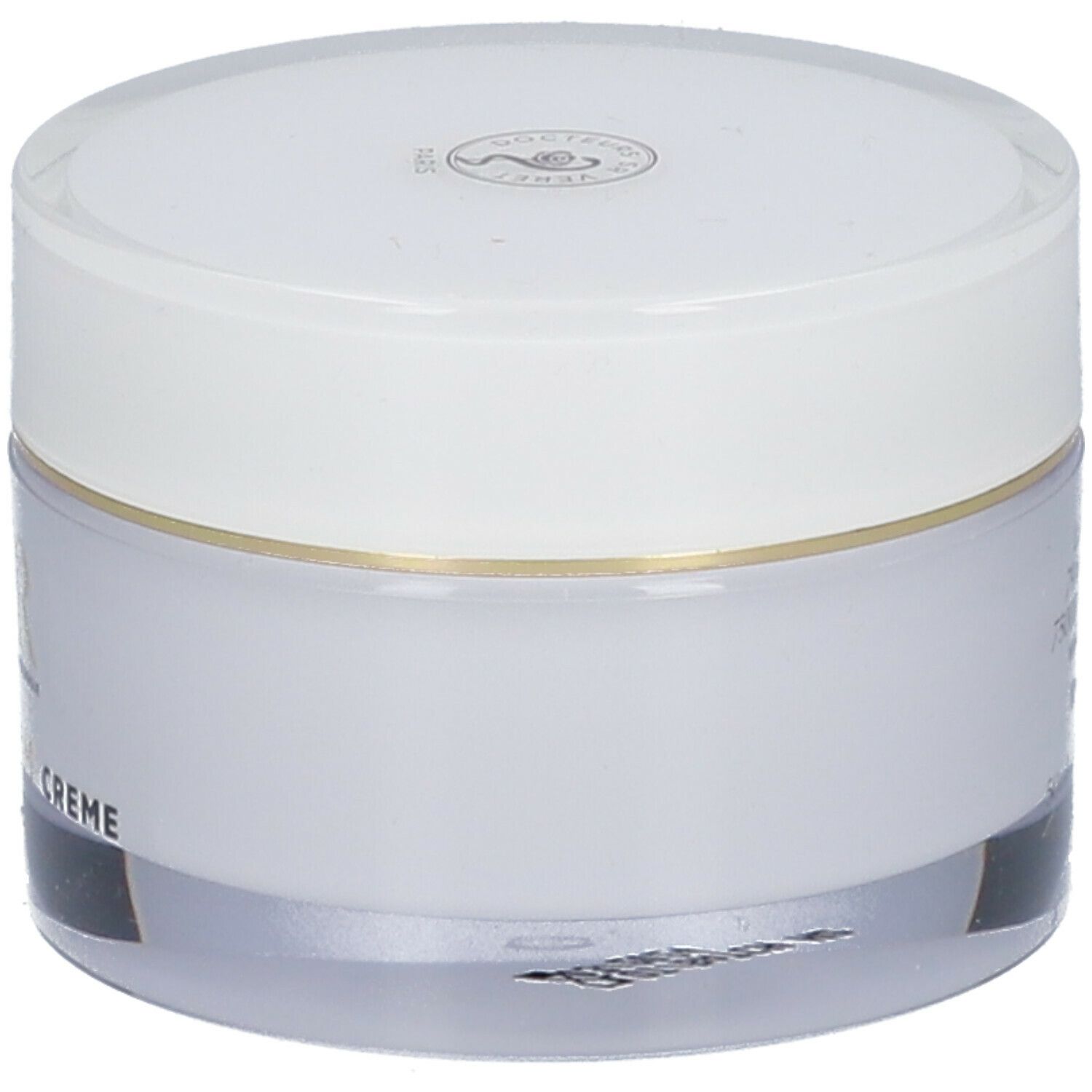 Pot de crème avec couvercle blanc. Inscription SVR, DENSITIUM CREME. Écriture et bordure dorées.