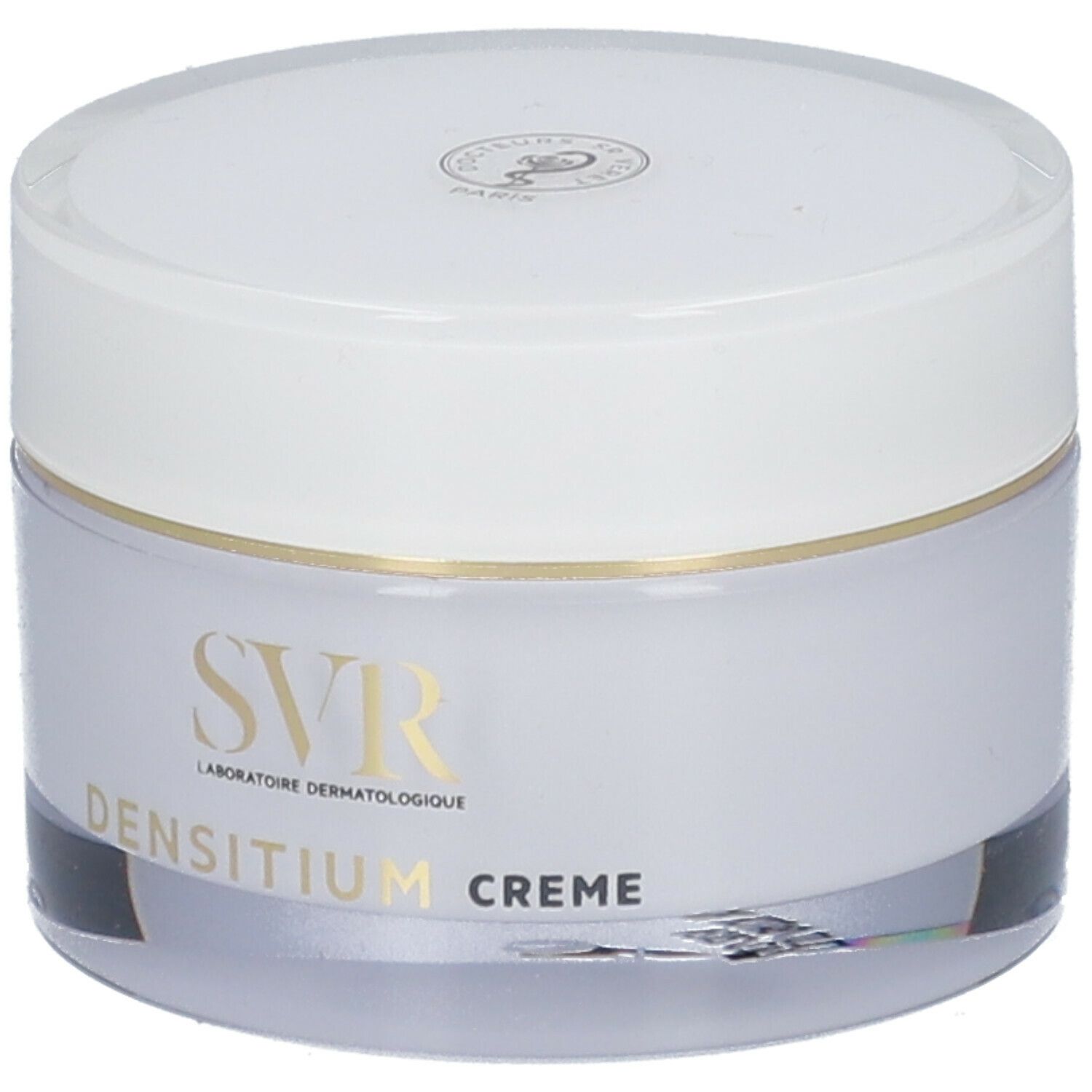 Pot de crème avec couvercle blanc. Inscription SVR, DENSITIUM CREME. Écriture et bordure dorées.