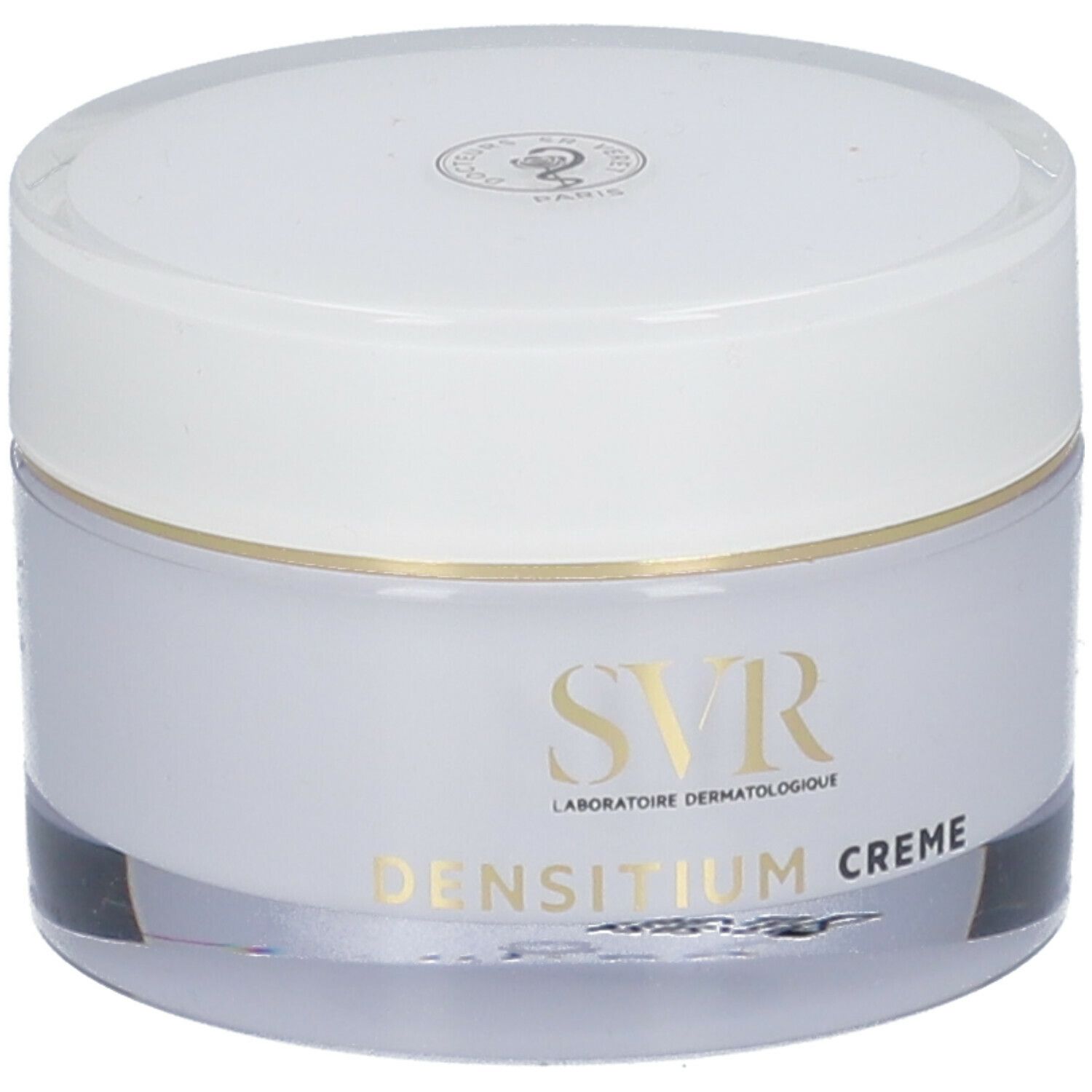 Pot de crème avec couvercle blanc. Inscription SVR, DENSITIUM CREME. Écriture et bordure dorées.