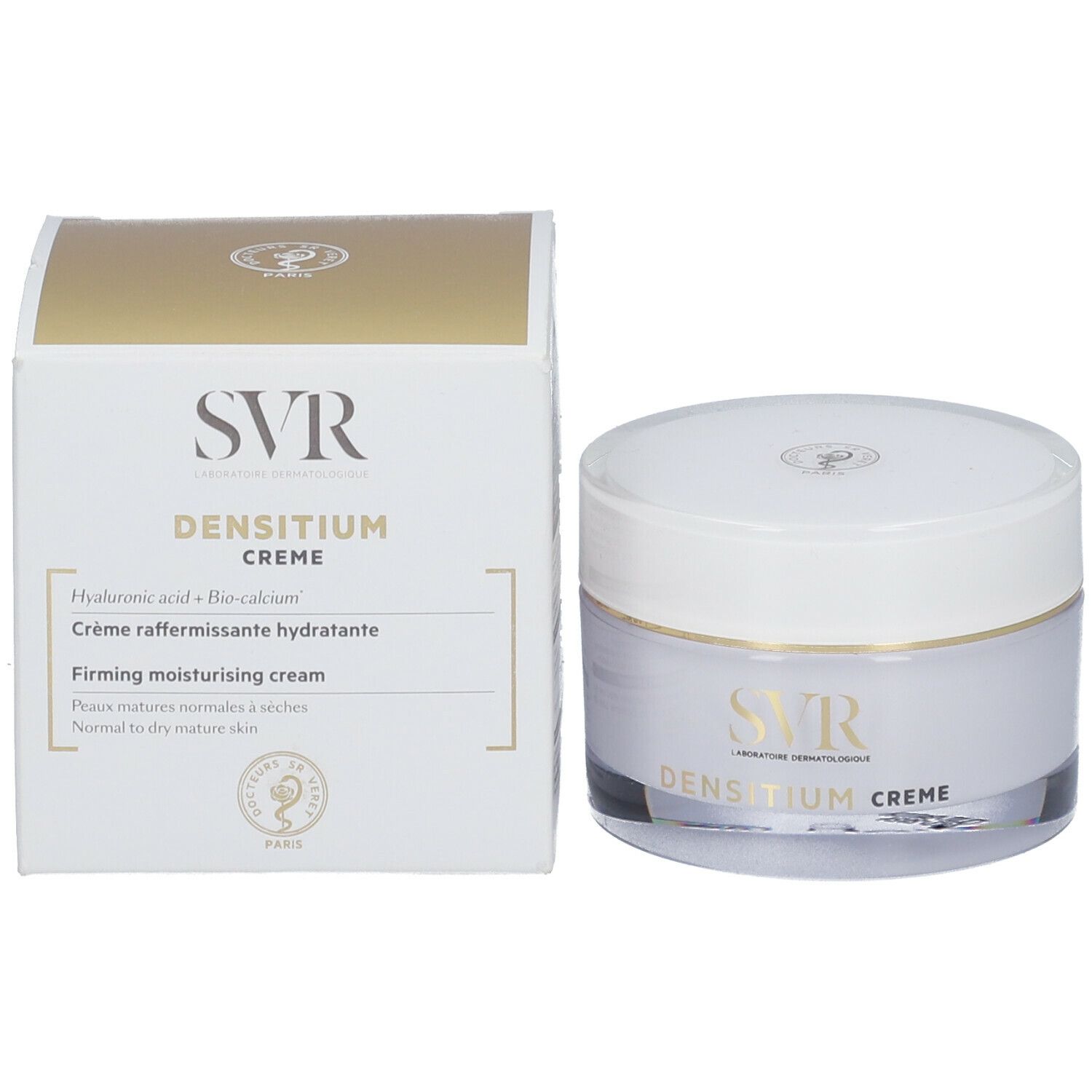 Pot de crème et boîte. Inscription SVR, DENSITIUM CREME. Écriture dorée. Texte : Crème raffermissante hydratante.