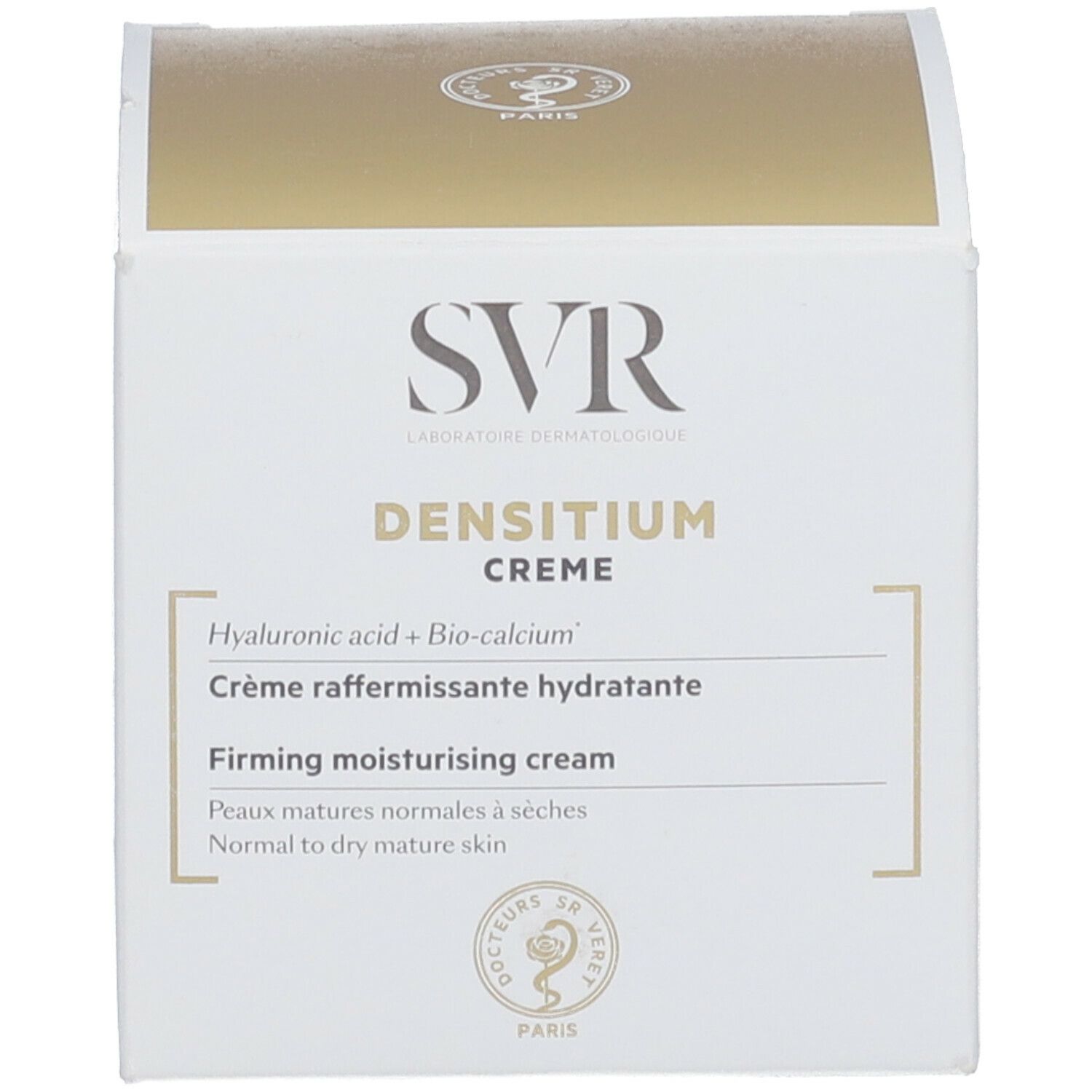 Boîte blanche avec couvercle doré. Inscription SVR, DENSITIUM CREME. Texte : Crème raffermissante hydratante.