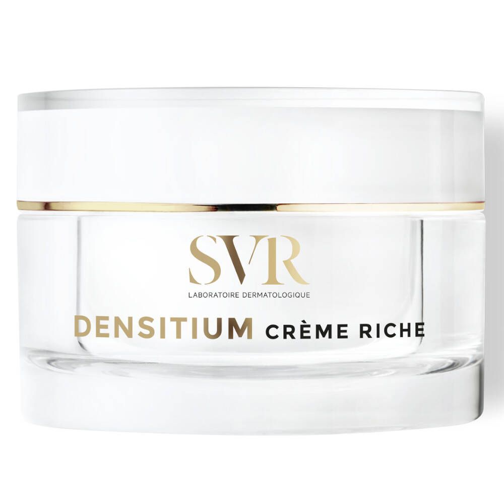 Pot de crème avec bord doré. Inscription: SVR, DENSITIUM CRÈME RICHE.