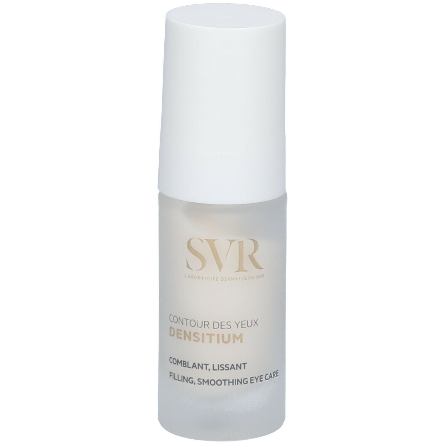 Flacon blanc SVR DENSITIUM. Inscription: CONTOUR DES YEUX, DENSITIUM, COMPLANT, LISSANT, FILLING EYE CARE.