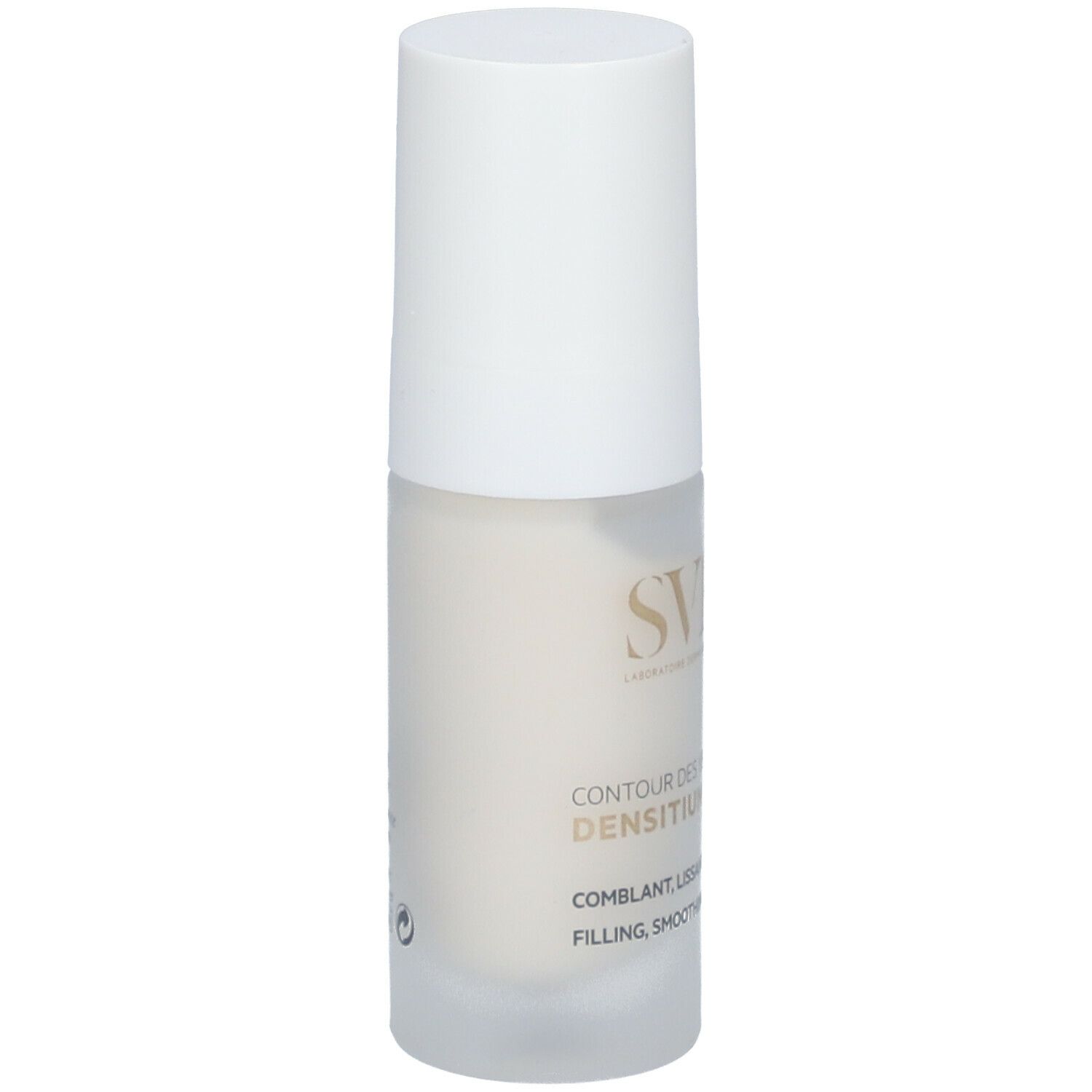Flacon blanc SVR DENSITIUM. Inscription: CONTOUR DES YEUX, DENSITIUM, COMPLANT, LISSANT, FILLING EYE CARE.