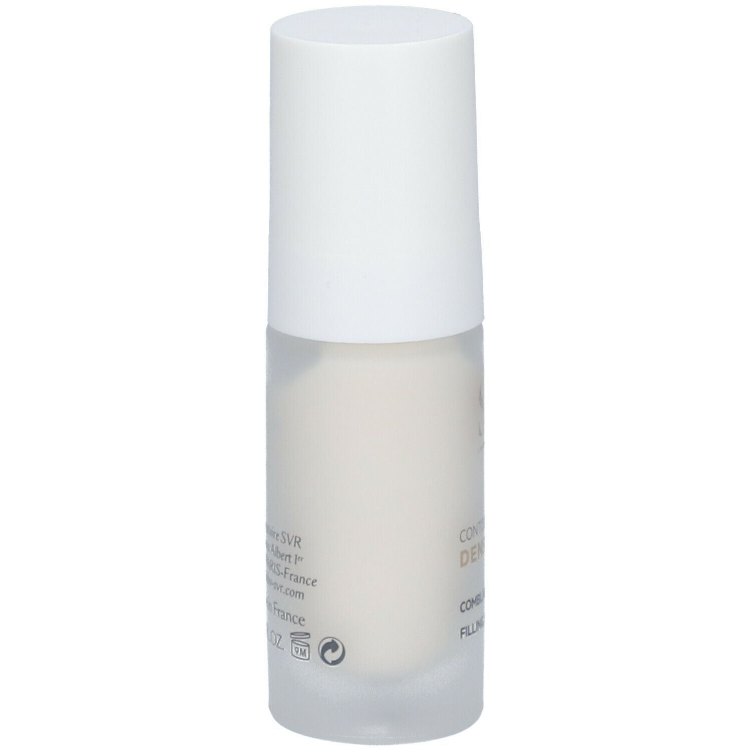 Flacon blanc SVR DENSITIUM. Inscription: CONTOUR DES YEUX, DENSITIUM, COMPLANT, LISSANT, FILLING EYE CARE.