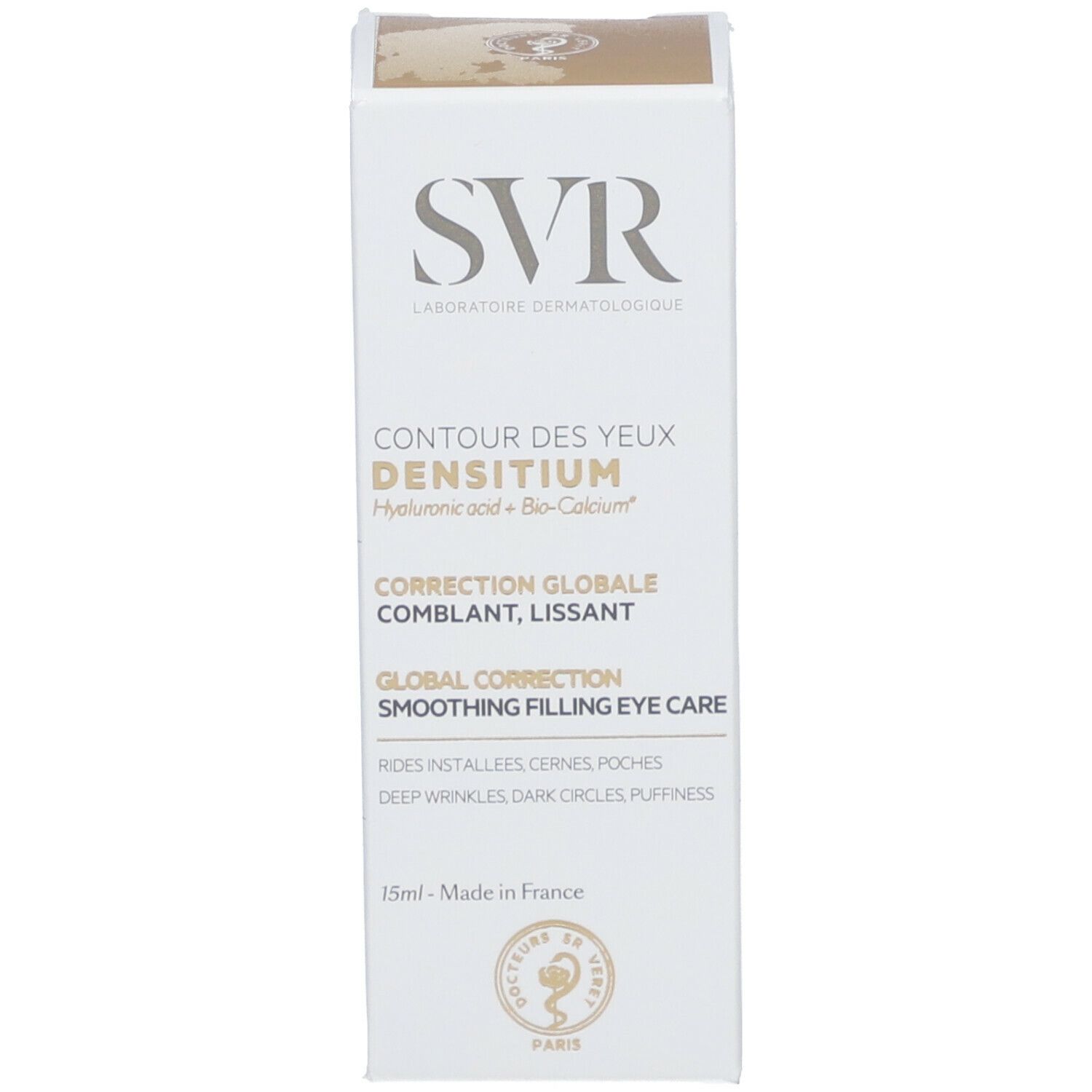 Emballage SVR DENSITIUM crème contour des yeux. Inscription: CONTOUR DES YEUX, Hyaluronic acid + Bio-Calcium, 15ml.