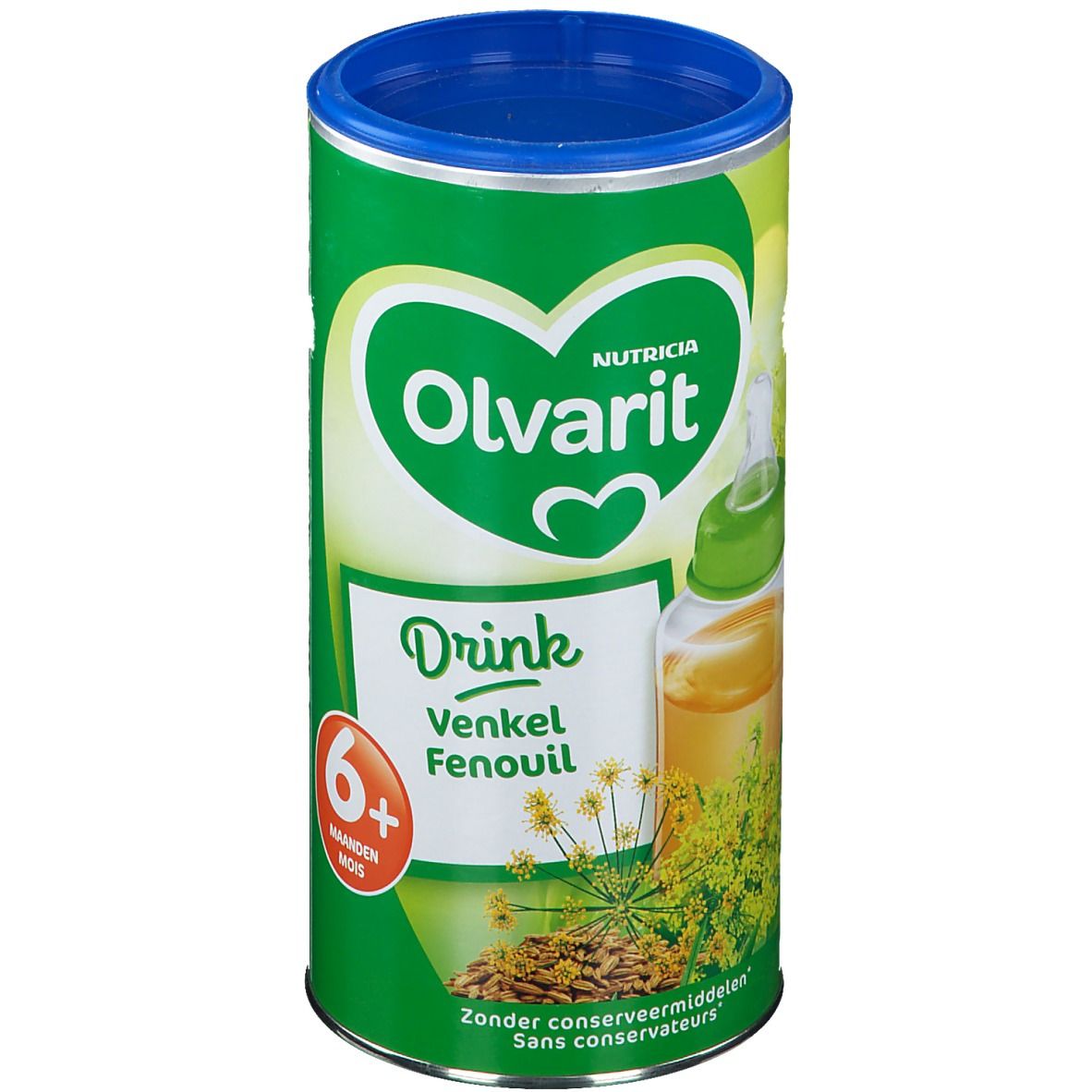 Groene doos met blauw deksel. Opschrift Olvarit Drink Venkel Fenoil. Afbeelding van een babyfles met vloeistof en venkel.