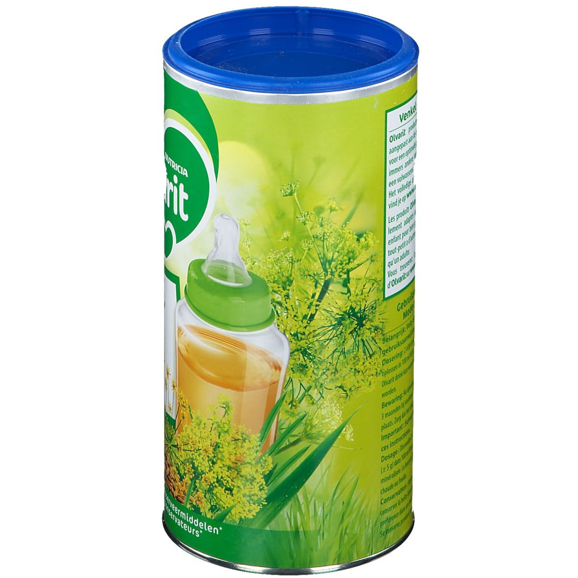 Groene doos met blauw deksel. Op de doos staat een babyfles met vloeistof en venkel afgebeeld.