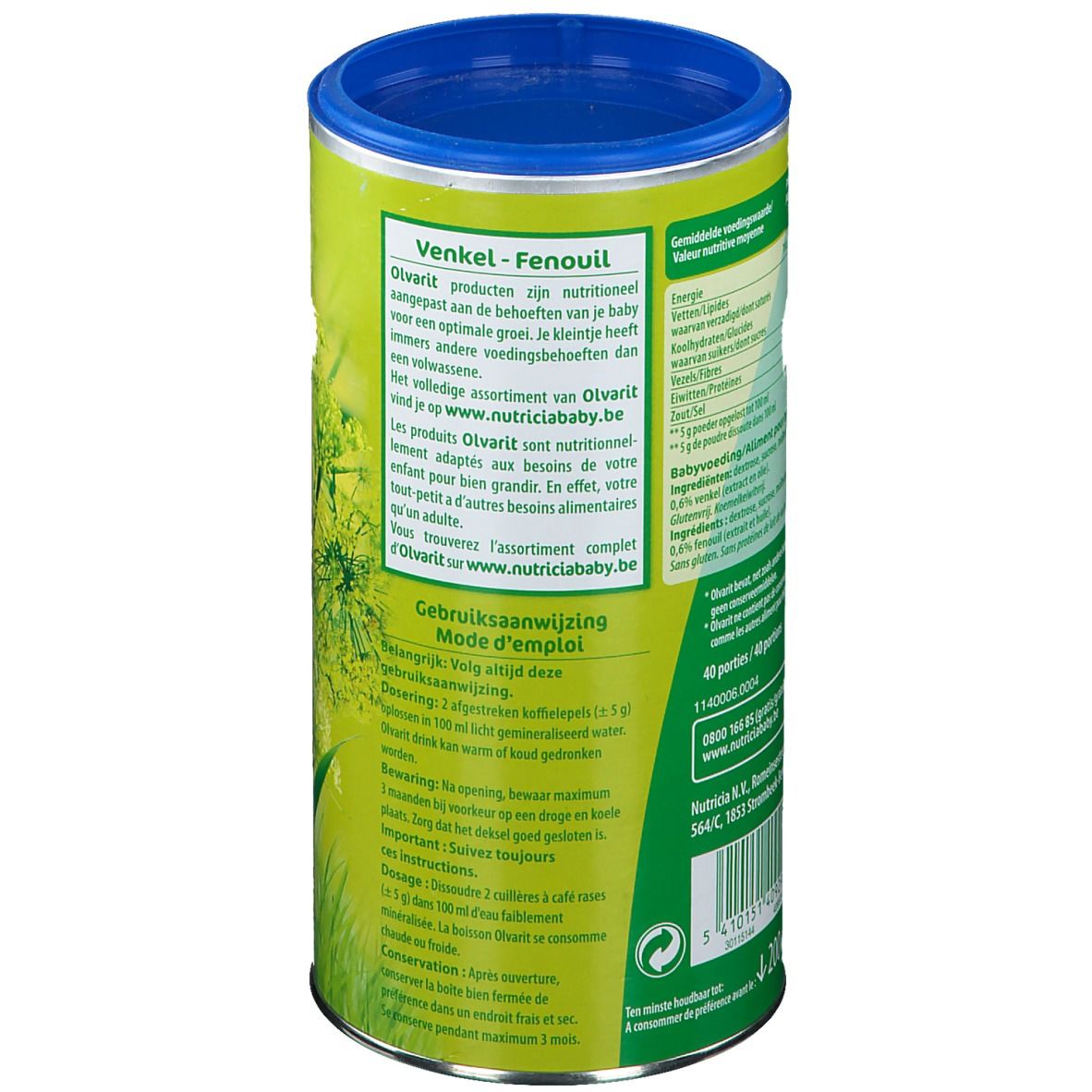 Groene doos met blauw deksel. Tekst op de doos: Venkel - Fenoil, gebruiksaanwijzing, voedingswaarde, ingrediënten, fabrikant informatie.