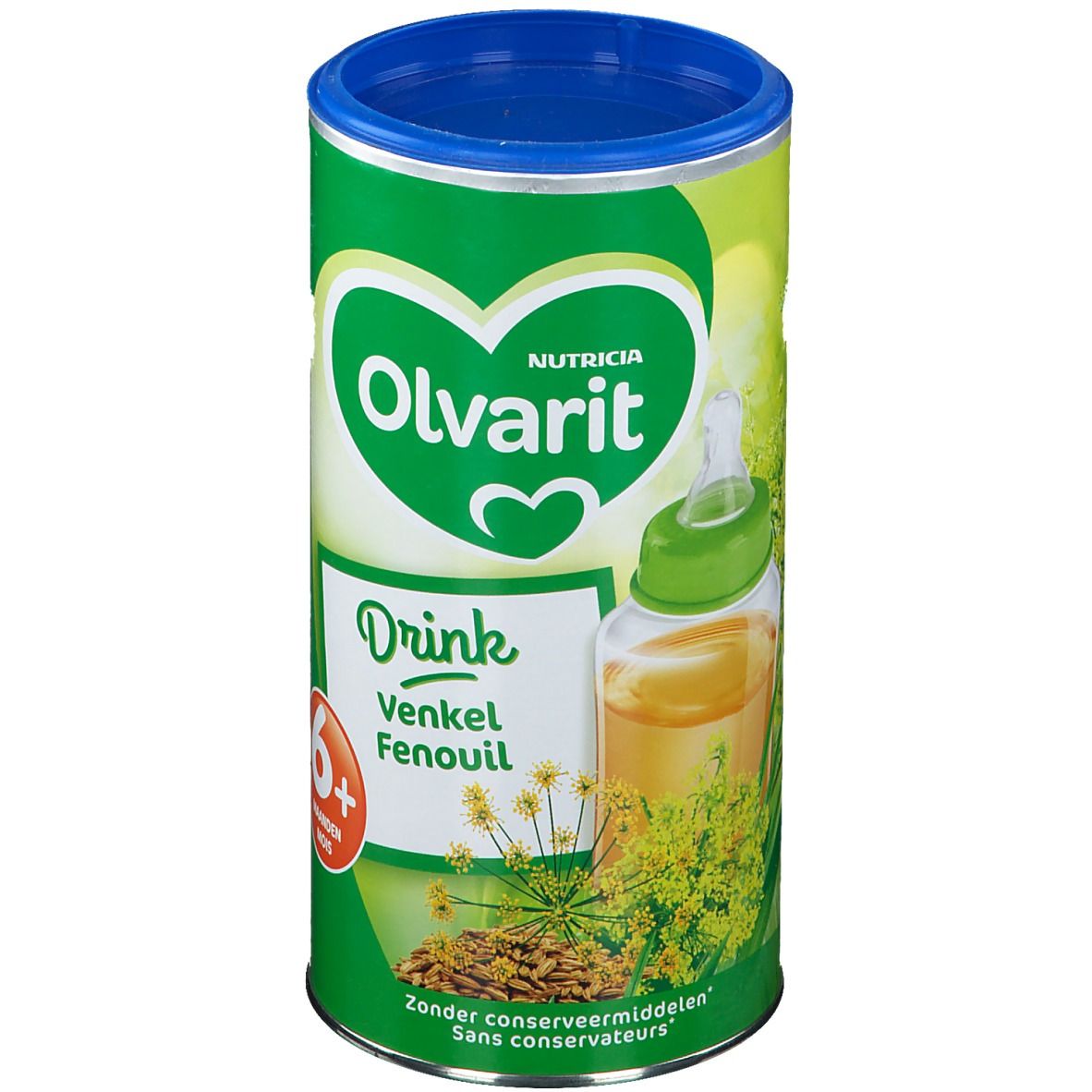 Groene doos met blauw deksel. Opschrift Olvarit Drink Venkel Fenoil. Afbeelding van een babyfles met vloeistof en venkel.