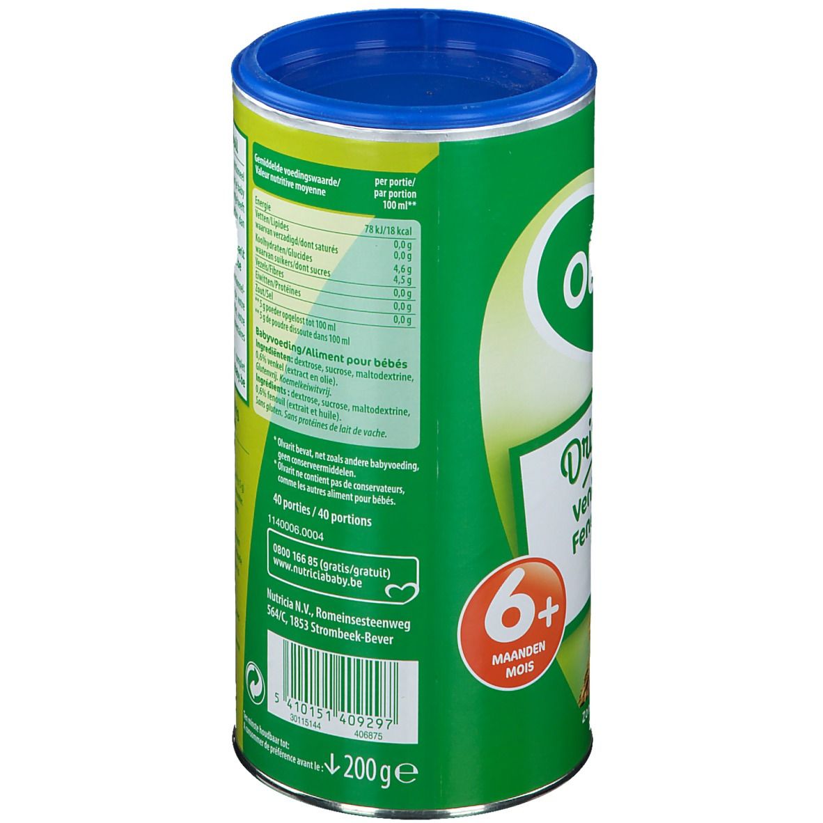 Groene doos met blauw deksel. Opschrift Olvarit Drink Venkel Fenoil. Voedingswaarde, ingrediënten, fabrikant informatie, 6+ maanden.