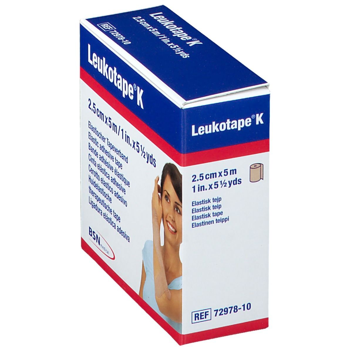 Schachtel Leukotape® K. Blau-weiße Verpackung mit Produktinformationen. Auf der Seite ist eine Rolle Tape abgebildet.