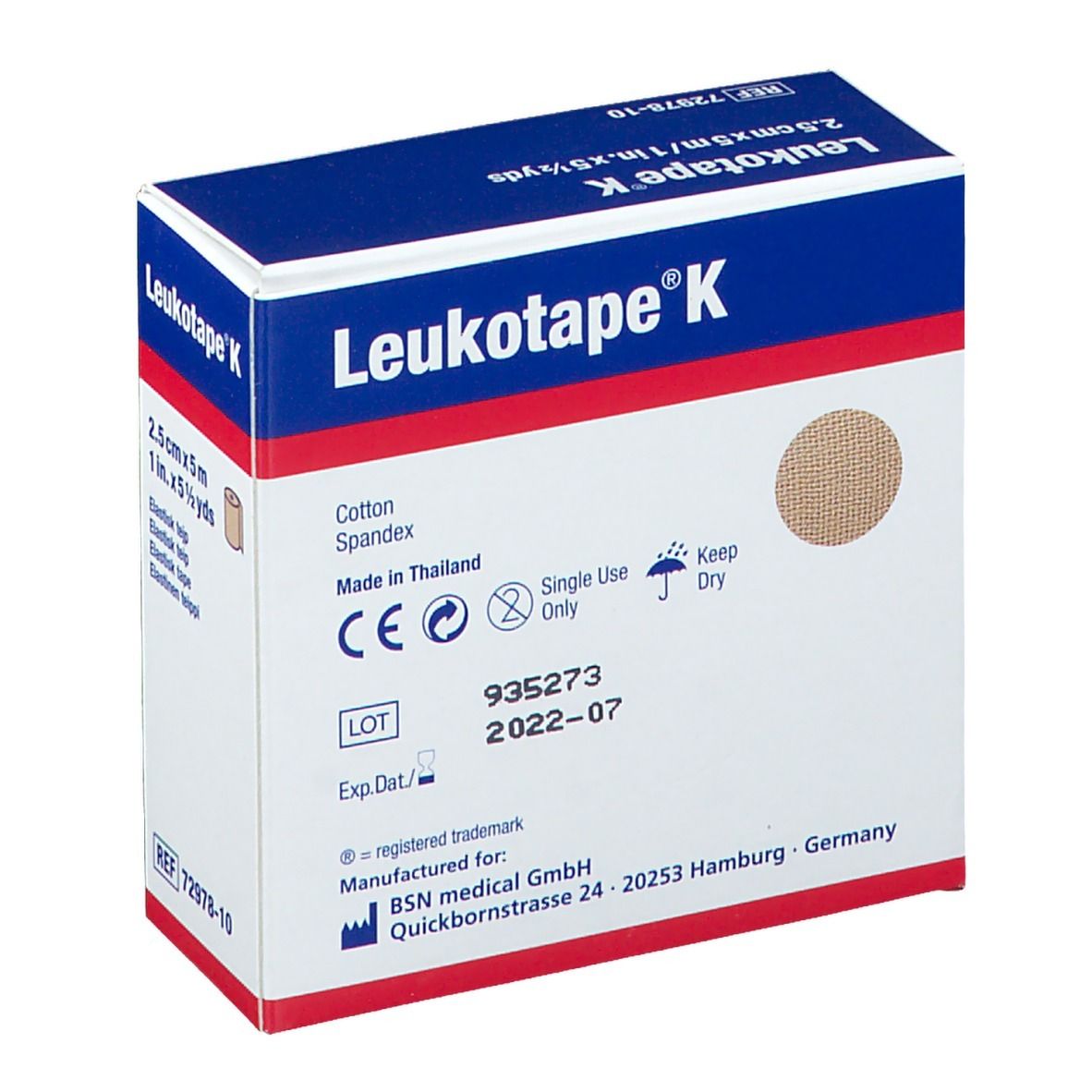 Verpackung Leukotape® K. Blau-weiße Schachtel mit Produktinformationen. Auf der Rückseite sind Symbole und das Verfallsdatum.