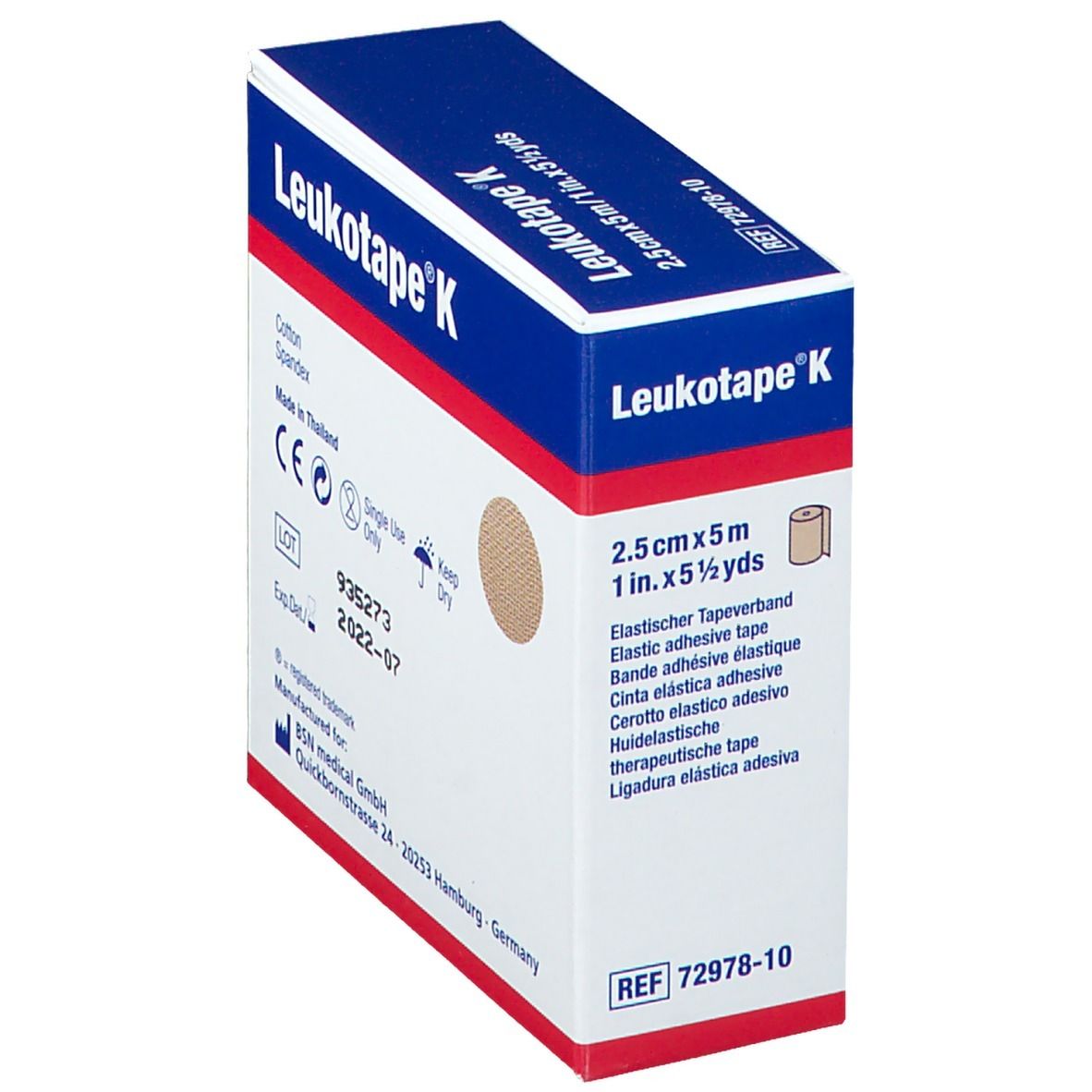 Verpackung Leukotape® K. Blau-weiße Schachtel mit Produktinformationen. Auf der Seite ist eine Rolle Tape abgebildet.