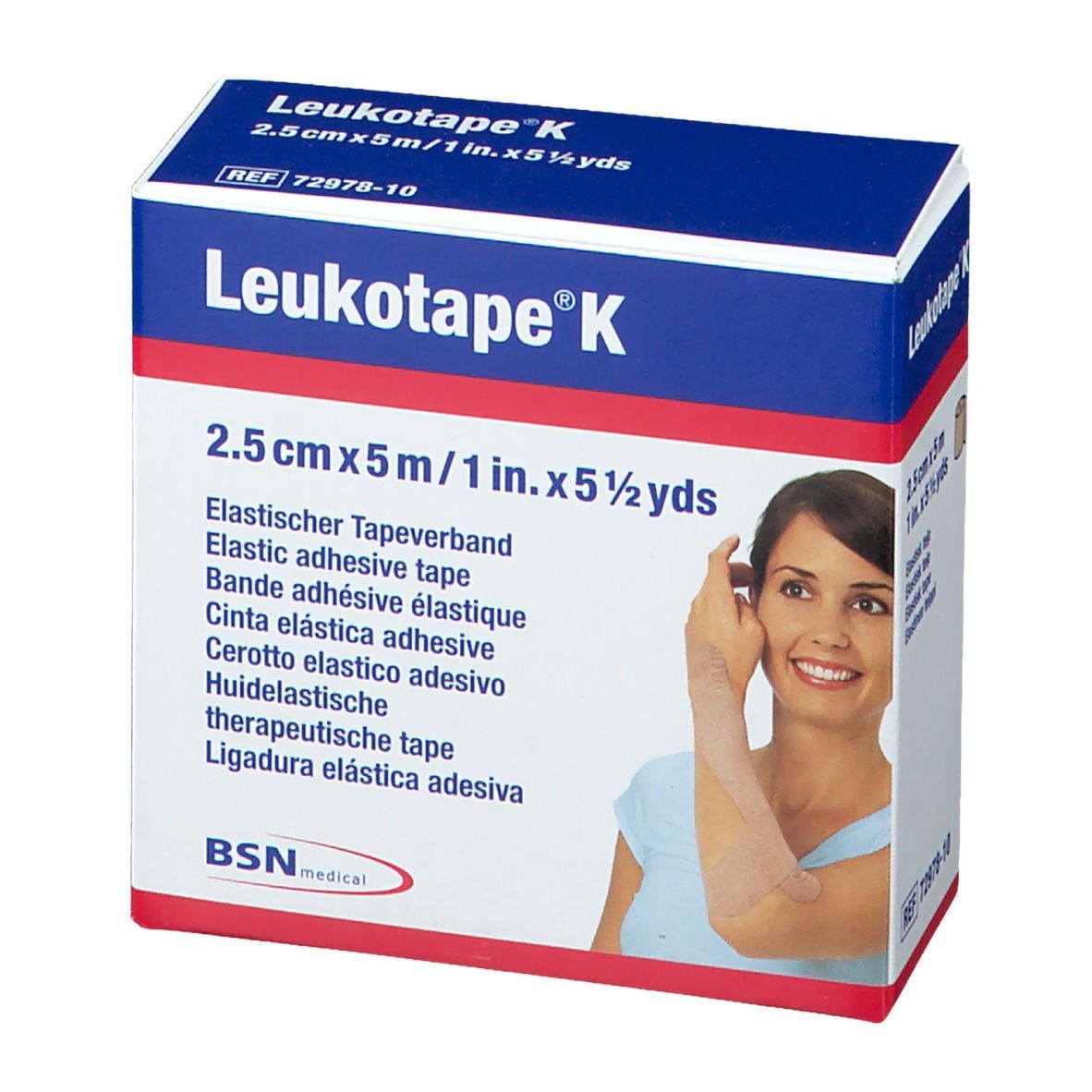 Verpackung von Leukotape® K. Blau-weiße Schachtel mit Produktinformationen und einer Frau mit Tape am Arm.