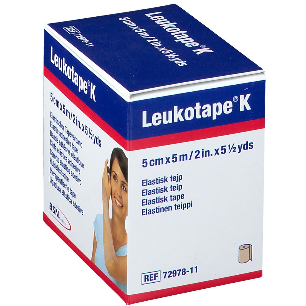 Verpakking van Leukotape® K. Opschrift: 5 cm x 5 m. Afbeelding van een vrouw met tape op de arm.