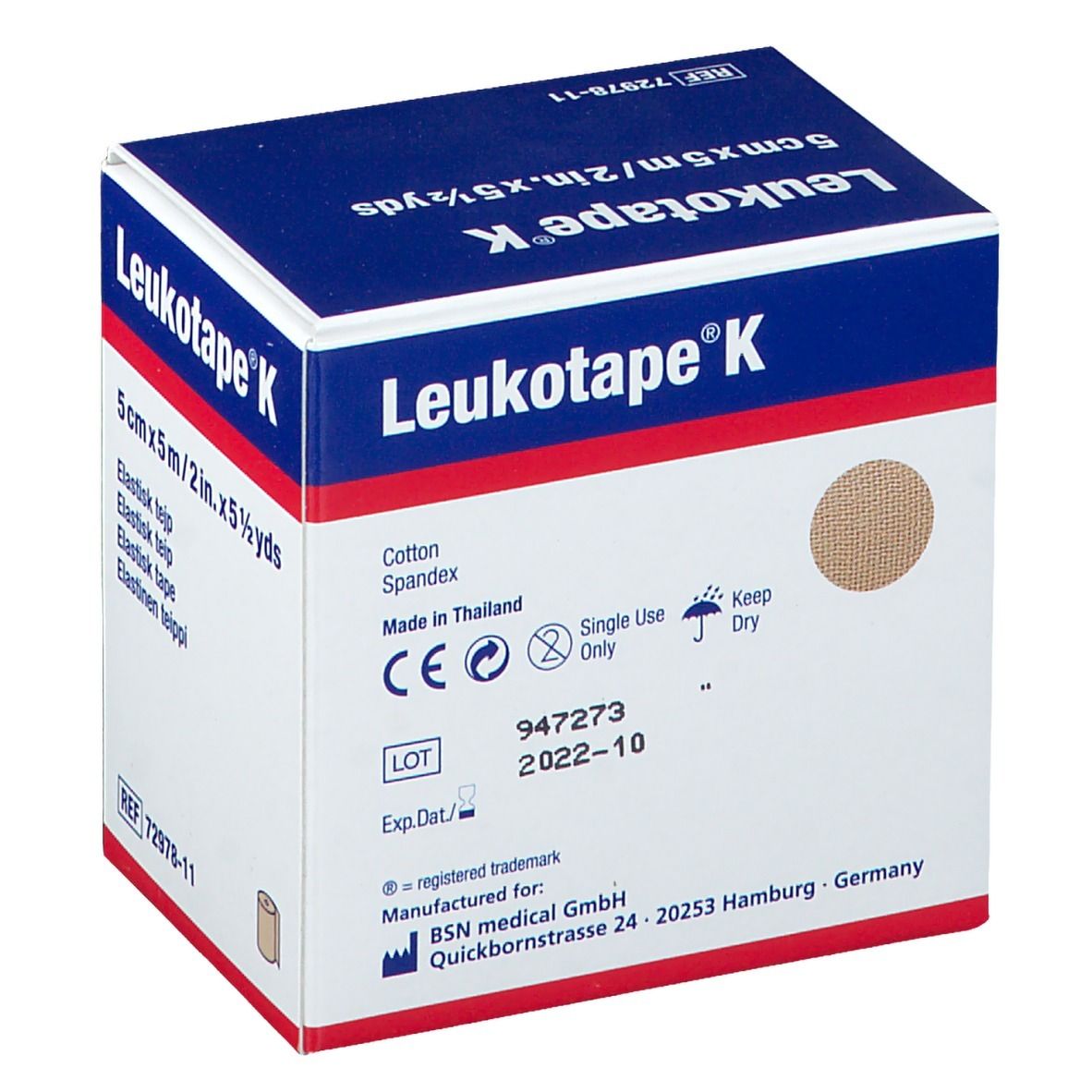 Verpakking van Leukotape® K. Opschrift: 5 cm x 5 m. Informatie over materiaal en houdbaarheid. CE-markering.