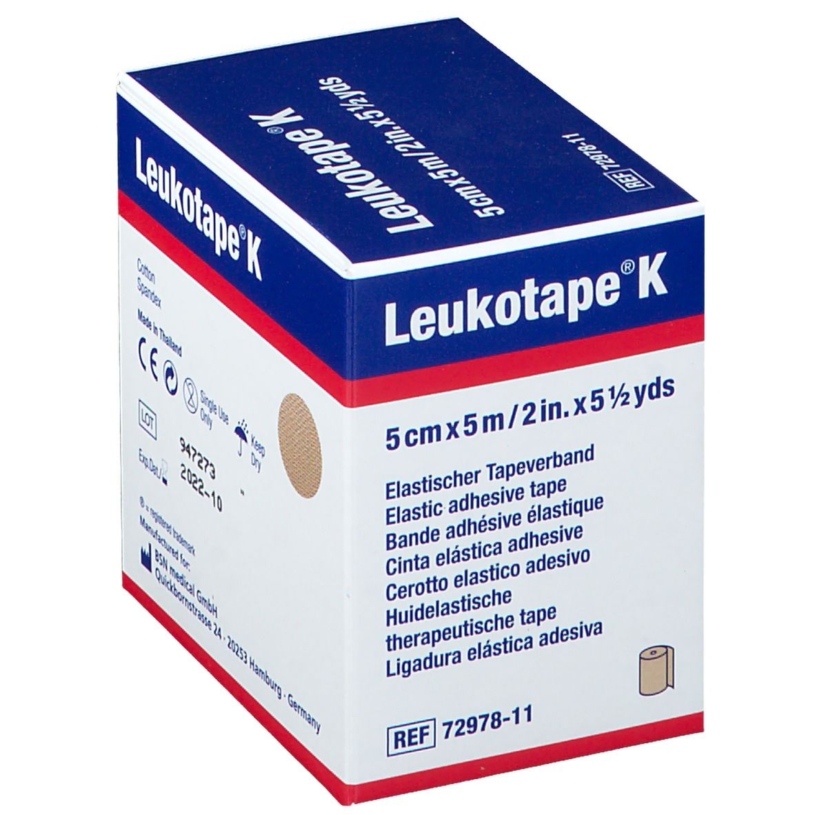 Verpakking van Leukotape® K. Opschrift: 5 cm x 5 m. Meertalige productnamen.