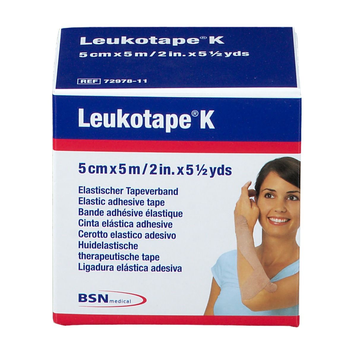 Verpakking van Leukotape® K. Opschrift: 5 cm x 5 m. Afbeelding van een vrouw met tape op de arm.
