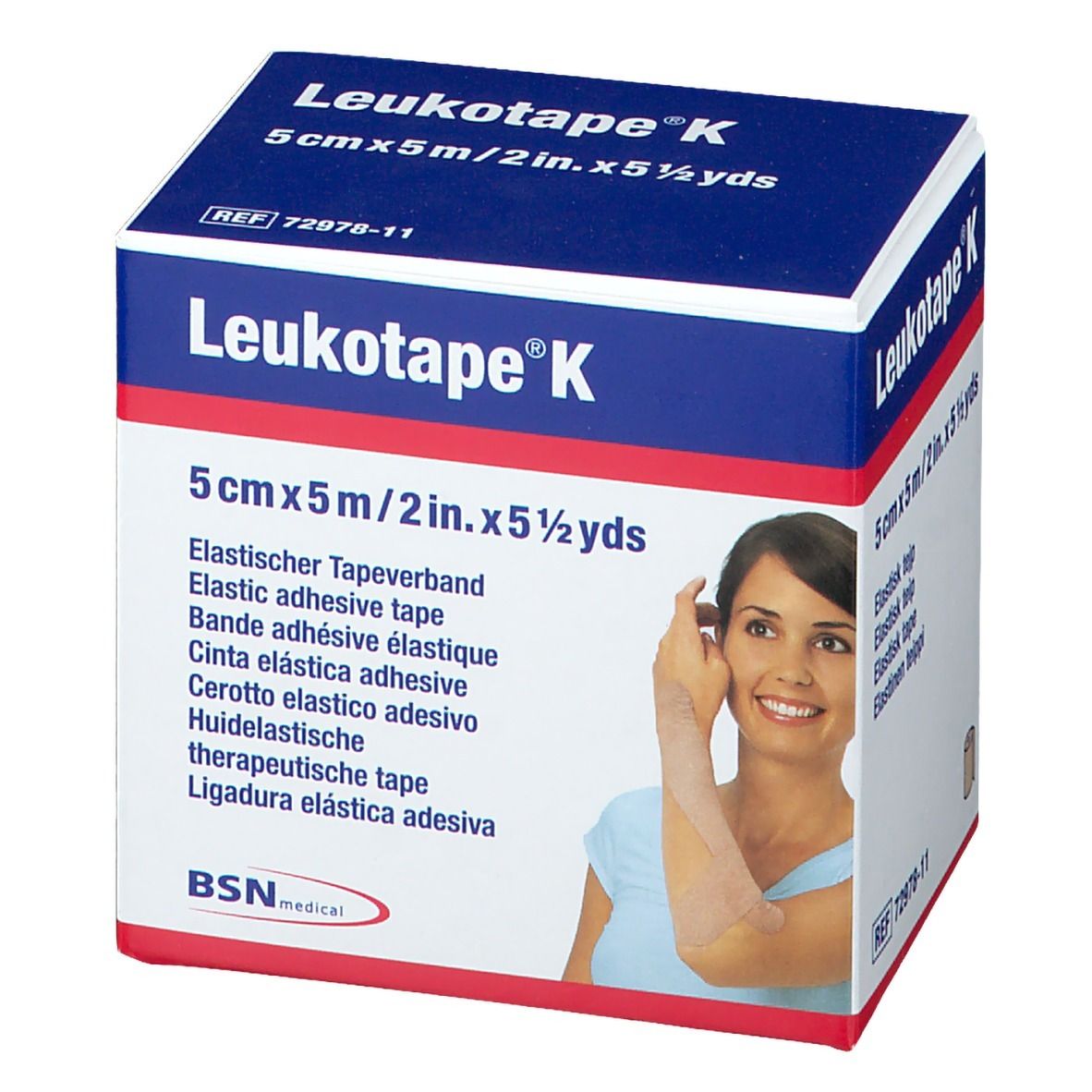 Verpakking van Leukotape® K. Opschrift: 5 cm x 5 m. Afbeelding van een vrouw met tape op de arm.
