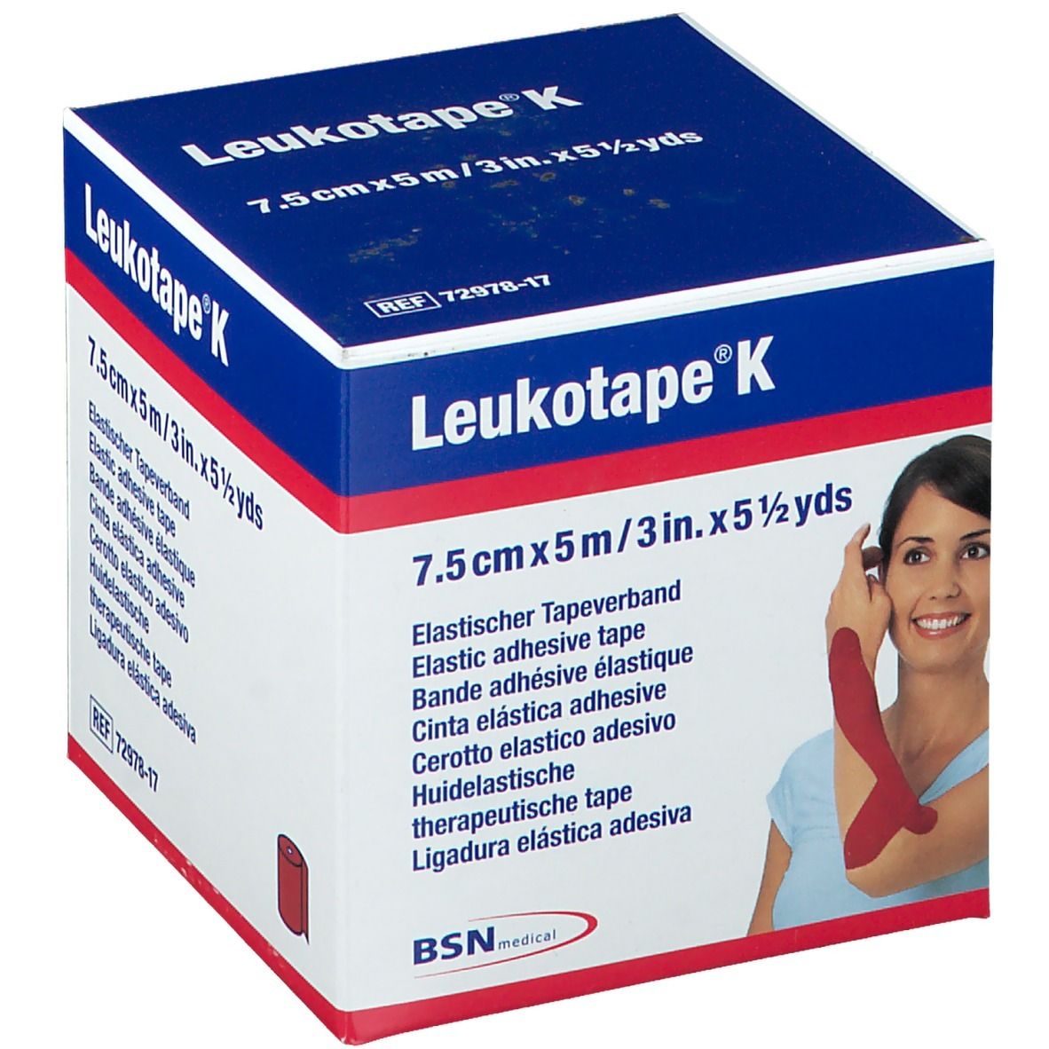Blauwe doos Leukotape K. Afmetingen: 7,5cm x 5m. Vrouw met rode tape op arm. BSN medical logo.