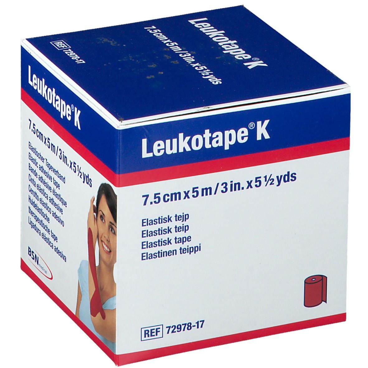 Blauwe doos Leukotape K. Afmetingen: 7,5cm x 5m. Vrouw met rode tape op arm. BSN medical logo.
