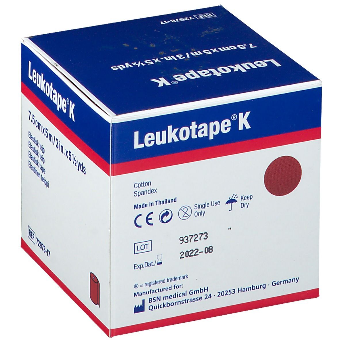 Blauwe doos Leukotape K. Afmetingen: 7,5cm x 5m. Informatie over materialen en houdbaarheid. CE-markering.