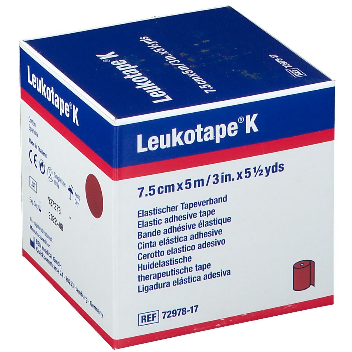 Blauwe doos Leukotape K. Afmetingen: 7,5cm x 5m. Informatie over materialen en houdbaarheid. CE-markering.